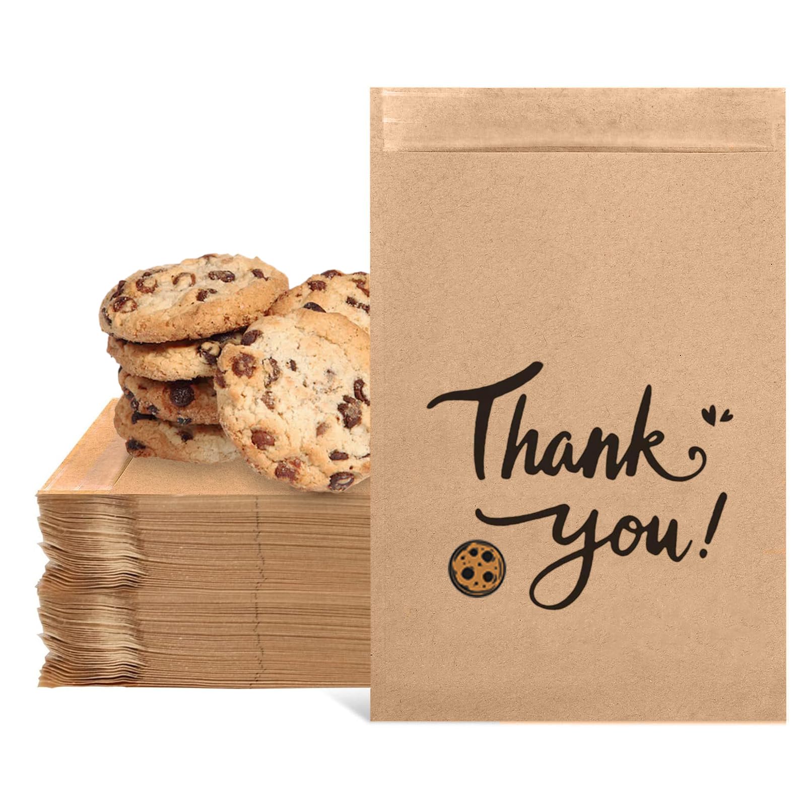 AUVOTTOKA 100 Pack Small Thank You Cookie Gifts Bags - 5 x 7.1 inch Kraft Paper, Food-Safe, Self-Adhesive Treat Bags for Cookies, Candy - Perfect for