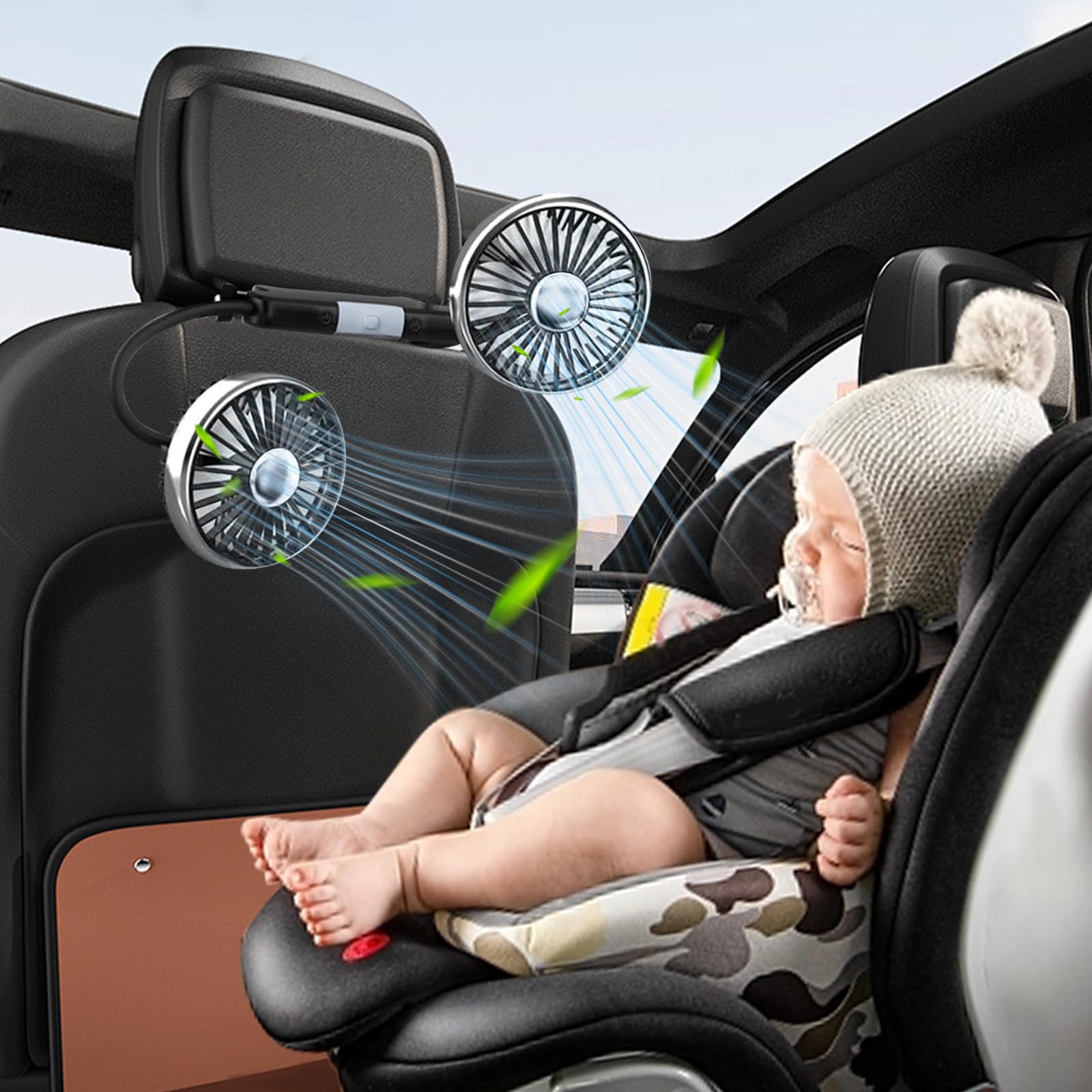 Ventilatore per auto, doppia testa per sedile posteriore, doppia ventola girevole a 360 gradi, ventola di raffreddamento USB auto con 3 velocità e 2 livelli di luminosità, luce LED per camion Van SUV