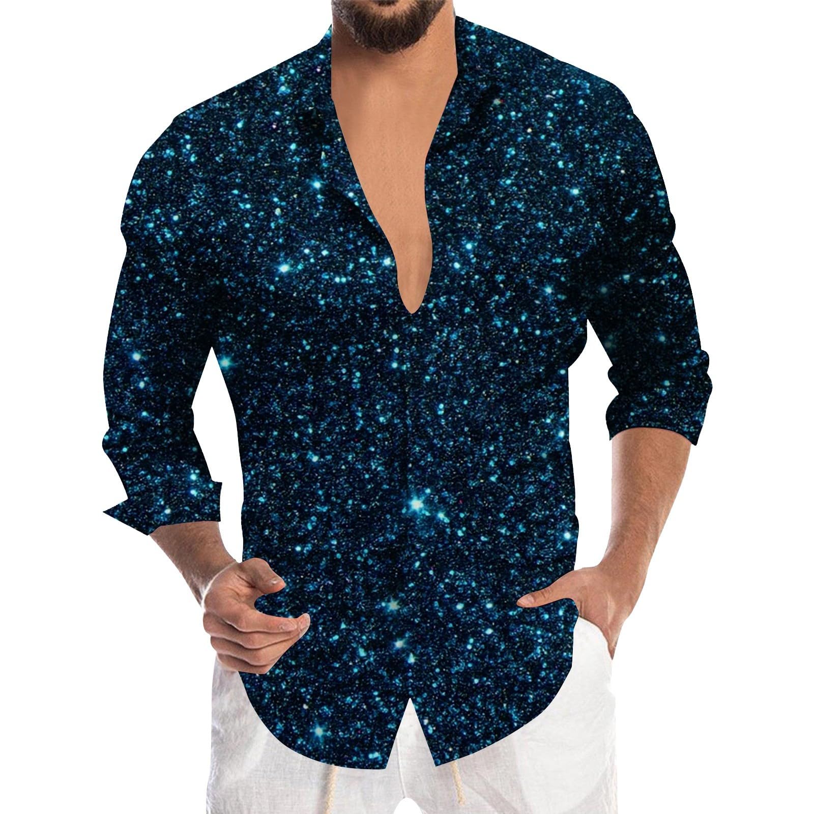 Mens Sequin Printed Shirt Long Sleeve Glitter SparkIe Shirt for Carnival Festival Party Nightclub Fancy Dress Shiny Disco Costume Tops Button Down for Men Stage Performance Clothing Blue