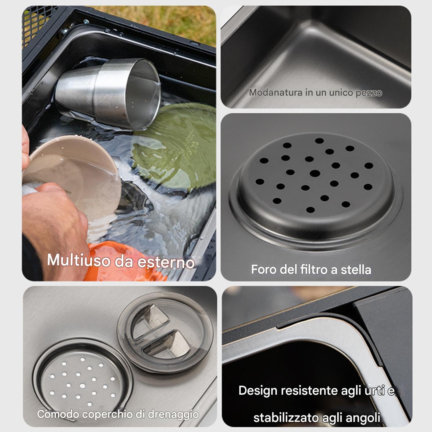 Lavello per Camper, Roulotte e Veicoli Ricreazionali Bacinella Lavaggio con | Acciaio Inossidabile Compatto, Pieghevole, Leggero, Per Campeggio, Picnic, Pesca, Viaggio, B