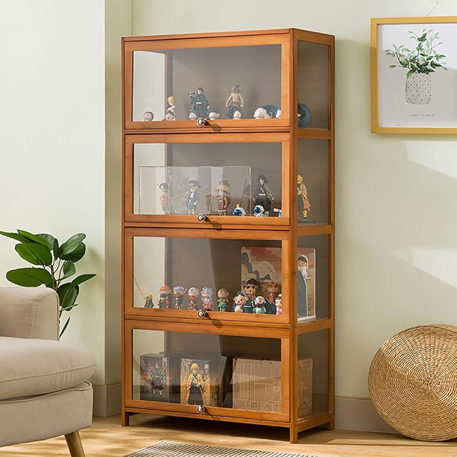 Witriolik Acrylic Display Cabinet, Glass Display Cabinet, Glass Door Antique Cabinet, Antique Cabinet Display Cabinet with Natural Bamboo Frame, Single Door Design, Sealed and Dustproof