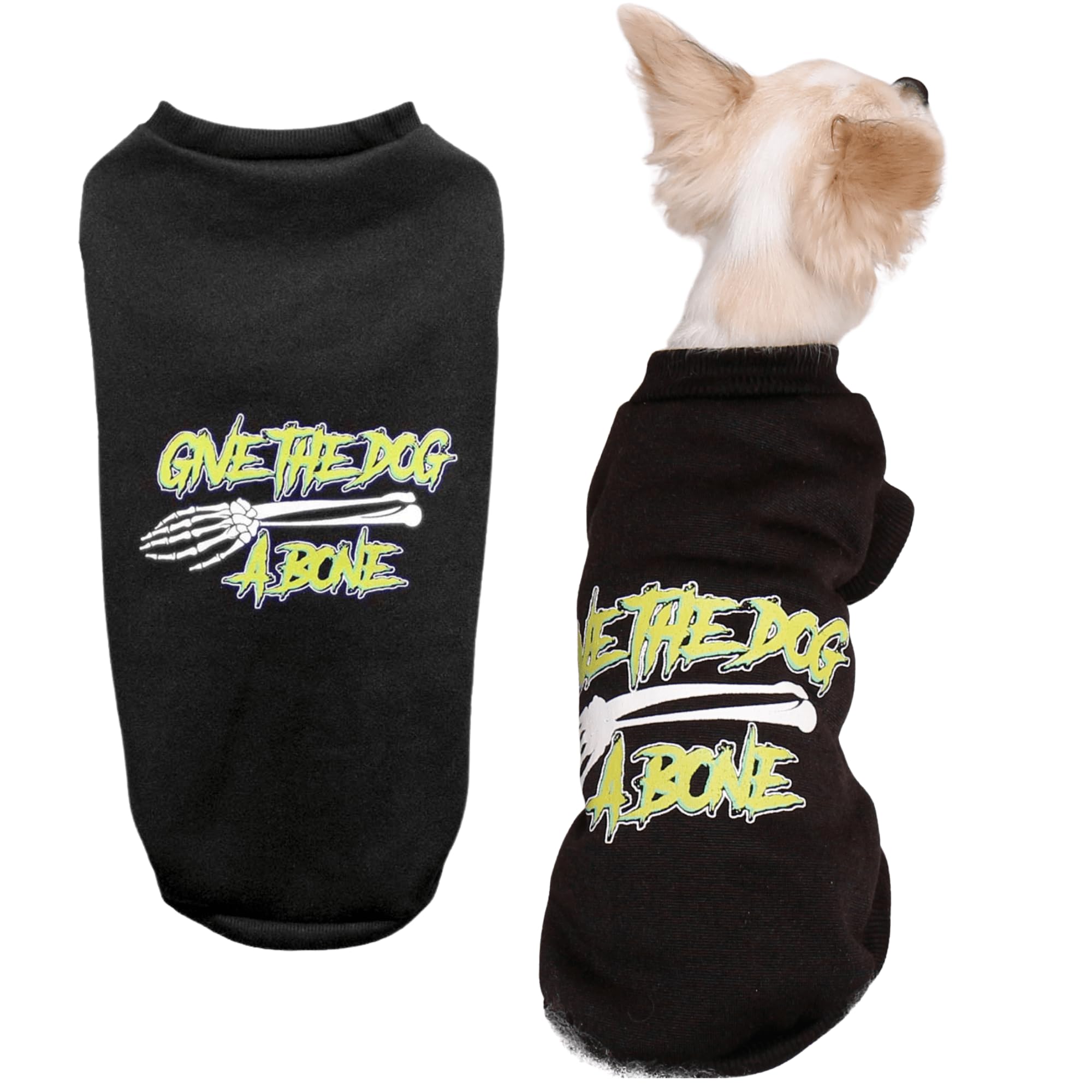 Dog Halloween Jumper, Pet Dog Sweater Give the Dog a Bone Halloween Dog Costume for Small Dogs Black Machine Washable Funny Holiday Party Outfit for Puppies S/M - L33 x W17cm