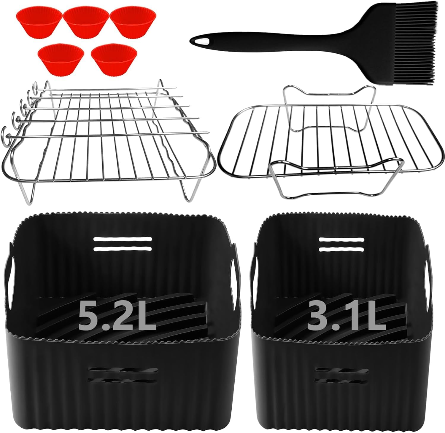 WyldSenc Juego de accesorios para freidoras de aire caliente Tefal EY9018 Dual Easy Fry 5,2/3,1 L, Cecotec 5,5/3,5 L, doble cámara, Airfryer Accessories Set con molde de silicona y papel de horno de