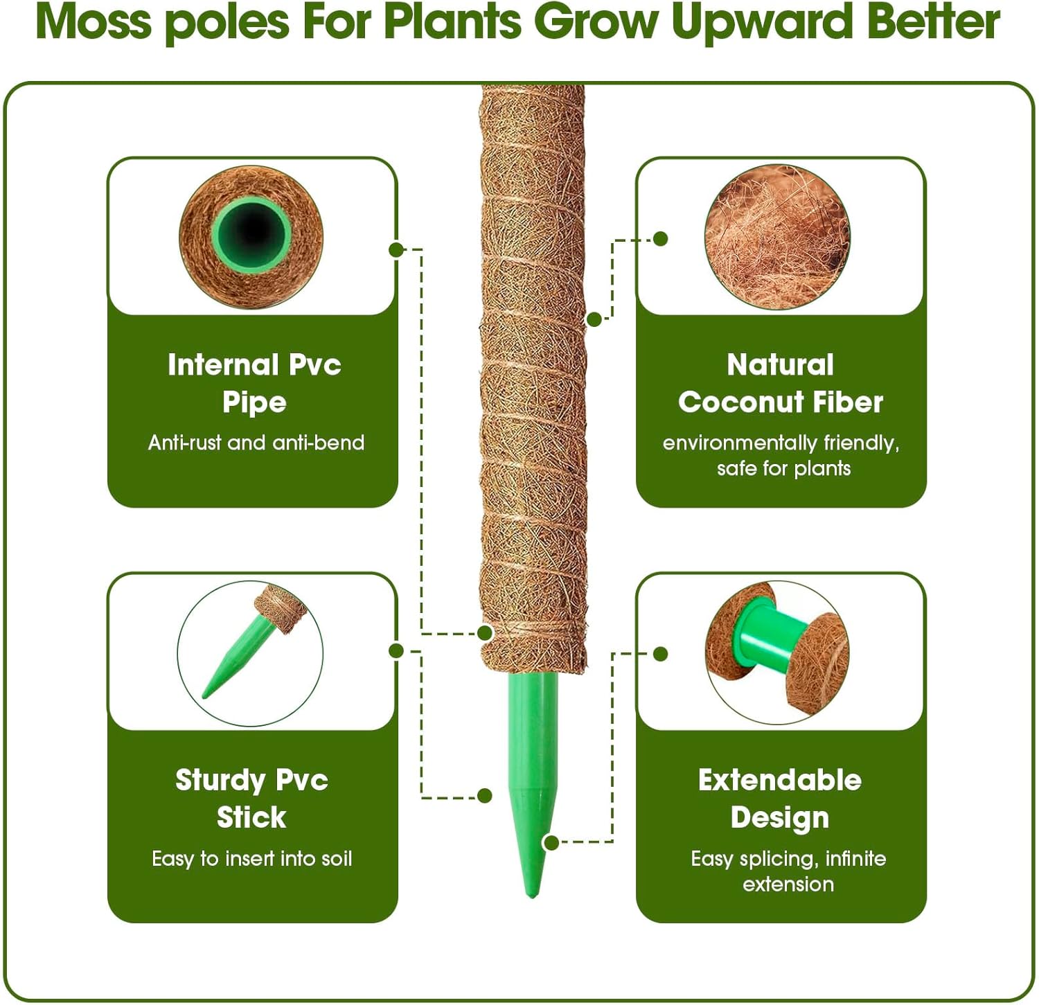 4 Pack 20 Inch Moss Poles, Stackable Moss Pole Monstera Plant Support, 66 Inch Tall Plant Stakes for Climbing Plants Indoor, Coir Plant Support Stick Stand for Potted Plants, Pothos, Philodendron