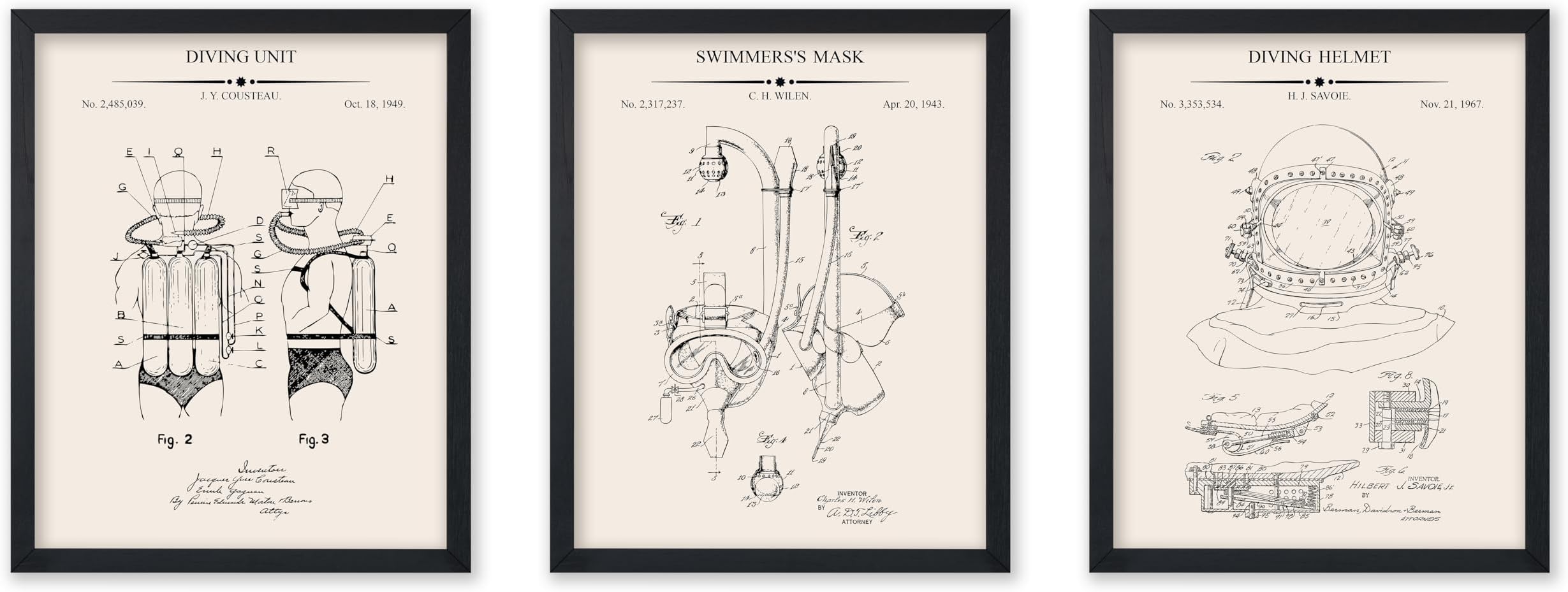 Monem Art 3-Piece Diving Blueprint Poster - Diving Unit Patent Print - Swimmer's Mask Art - Diving Helmet Design - Scuba Diving Design - Drawing Decor - Office or Gym Decor - 11x14 UNFRAMED
