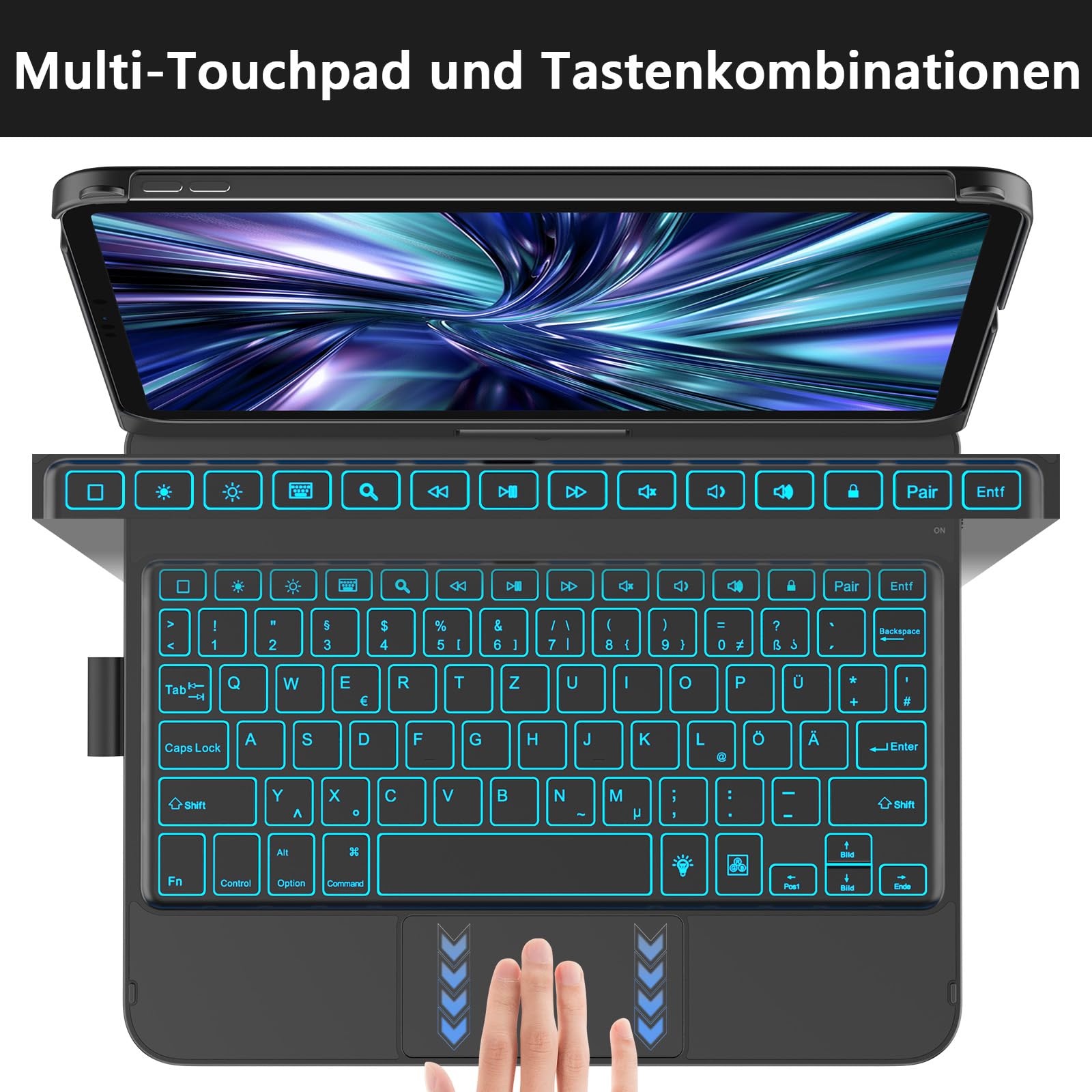 KBCASE Bluetooth Tastatur Schutzhülle für iPad 10. Gen 2022 10,9 Zoll, iPad 11. Gen 2025 A16 11 Zoll, mit Touchpad, QWERTZ, 360°-Drehung, 7- Farbige Hintergrundbeleuchtung (Mitternachtsschwarz)