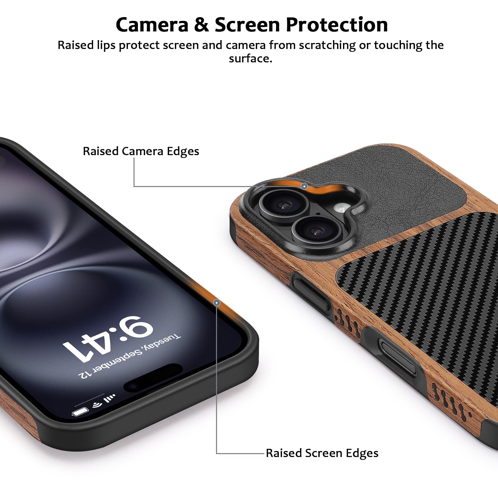 Cover Magnetica per iPhone 16 Compatibile con Magnetica, Custodia in Legno con Carbonio e Pelle Design Protezione Antiurto Cover Compatibile con iPhone 16 (Nero)