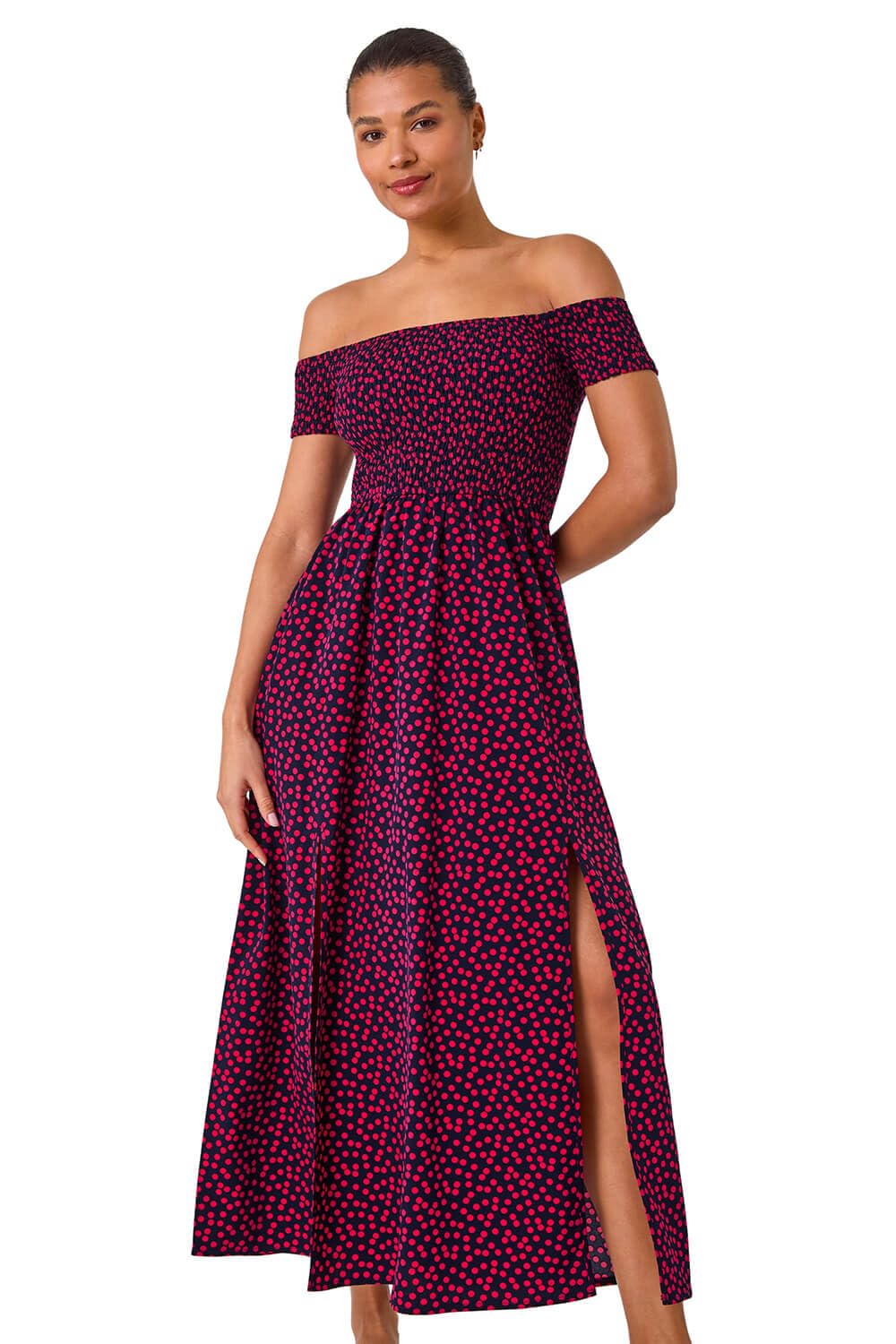 Roman Originals Bardot Dress for Women UK Ladies Shirred Chest Off Shoulder Cold Shoulder Maxi Midi Summer Beach Holiday Sleeveless Garden Cocktail Party Elasticated - Spot Pink - Size 20