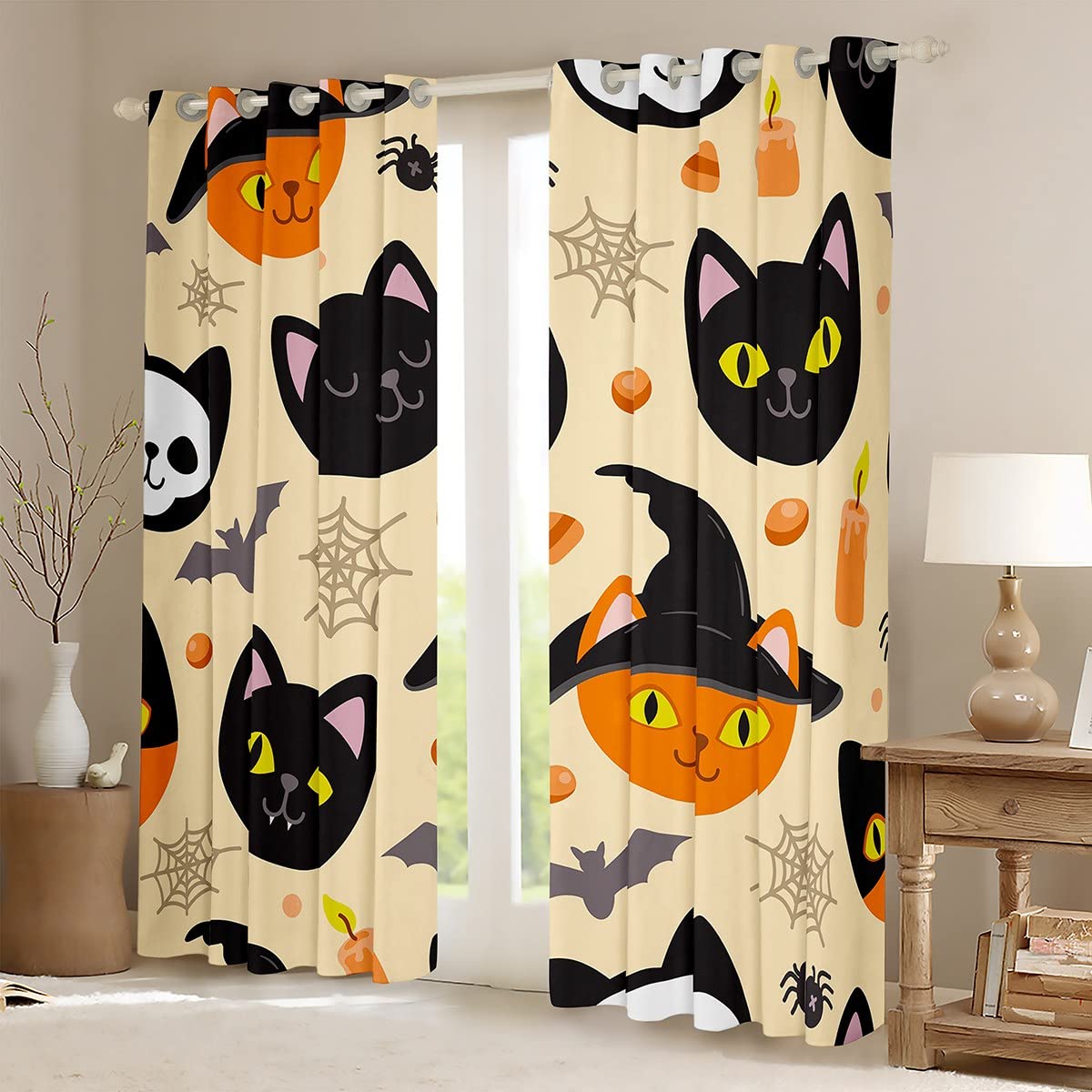 Zasłony na Halloween do sypialni salonu urocza dynia czarne koty zaciemnienie sosy Halloween motyw kołdra pokrowiec zestaw cukierek lub psikus pająk dekoracje okienne szer. 46 x dł. 54