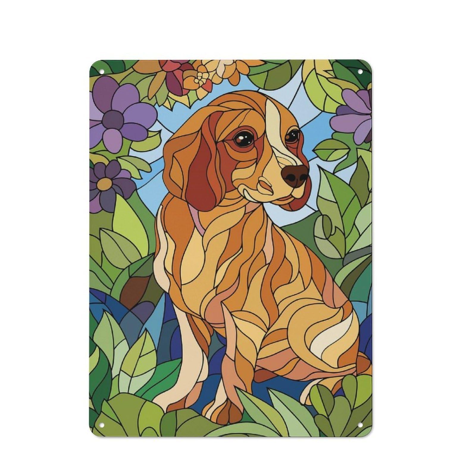 Junmoney Style-5 For Lounge Or Reading Corner, Stained Glass Dog In Floral Surroundings Retro Tin Sign 40X30cm, Gift For Reading Corner Decorators During The Christmas Season