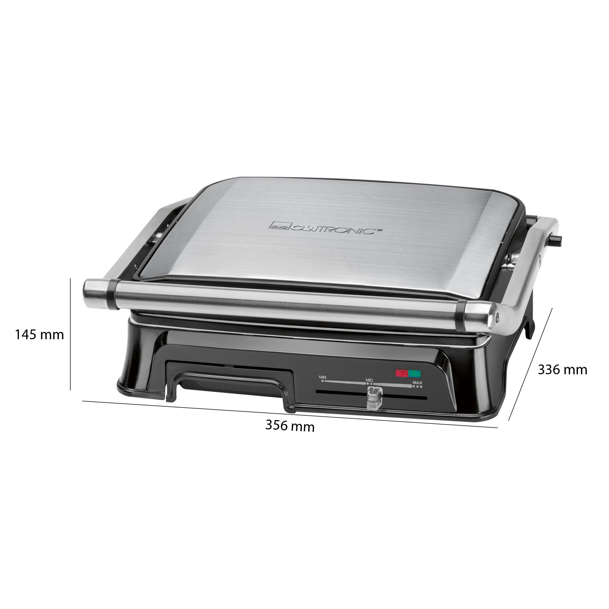 Clatronic KG 3571 grill kontaktowy do dwustronnego grillowania, 2000 W, obudowa ze stali nierdzewnej, krótkie czasy gotowania, rynna odpływowa tłuszczowa i tacka zbierająca, kolor srebrny