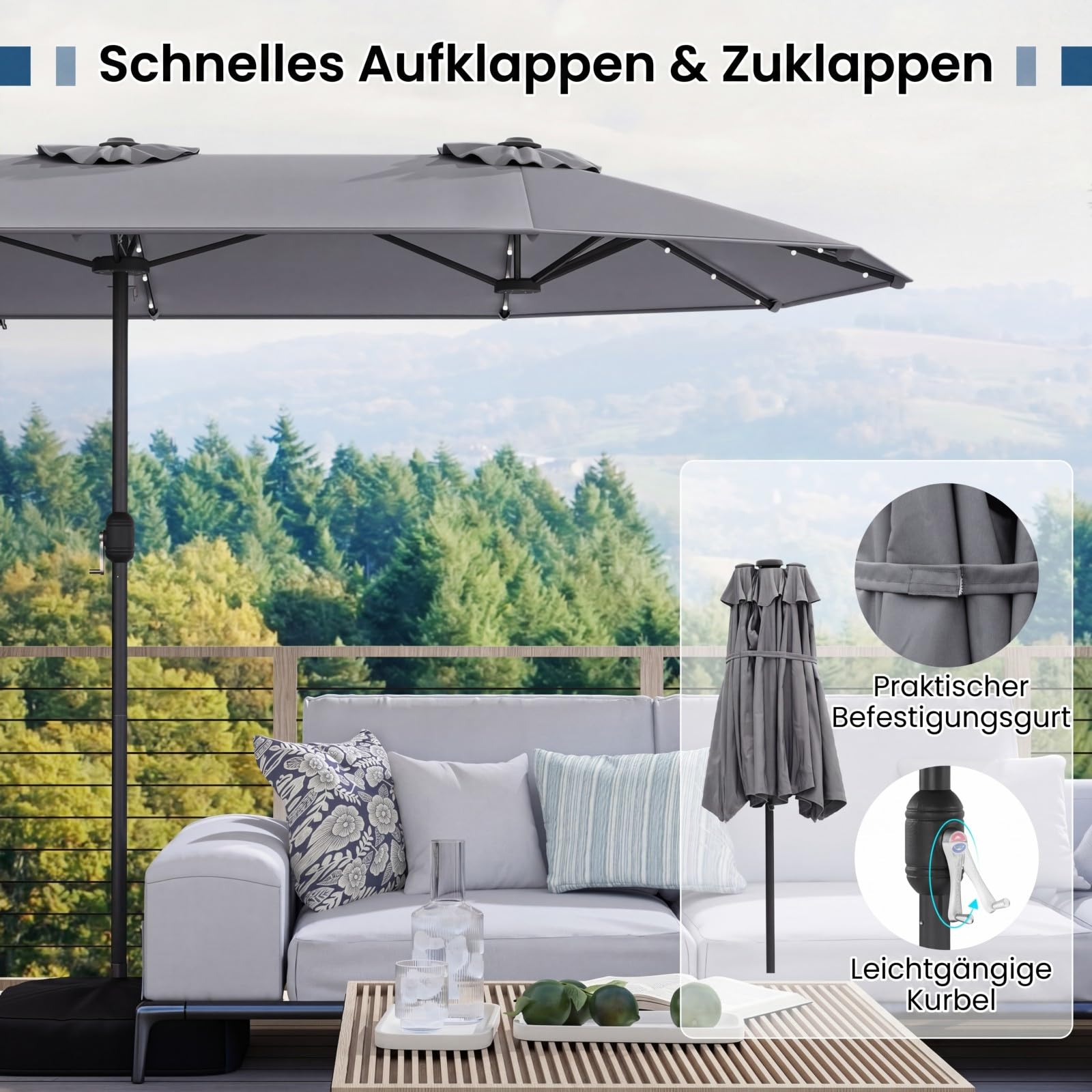COSTWAY Doppelsonnenschirm mit Ständer und LED-Leuchten, 400 x 200 cm, Sonnenschirm Groß XXL, UPF 50+, Gartenschirm mit Kurbel, Terrassenschirm, Marktschirm für Garten, Terrasse & Pool (Anthrazit)