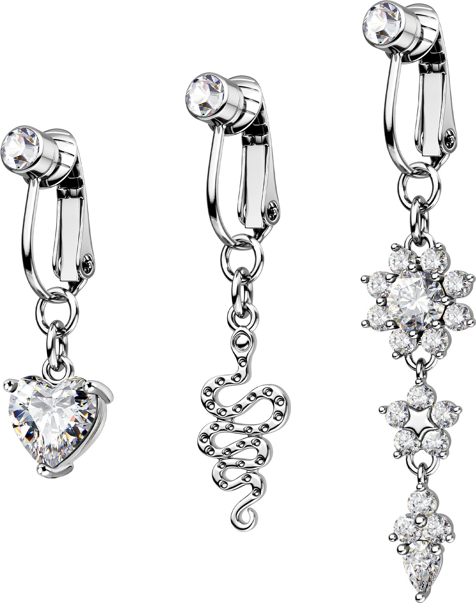 3PCS Fake Belly Button Piercing Jewelry, Non-Piercing Clip on Belly Button Rings, Surgical Steel Dangle Clear CZ Faux Navel Rings for Women Men