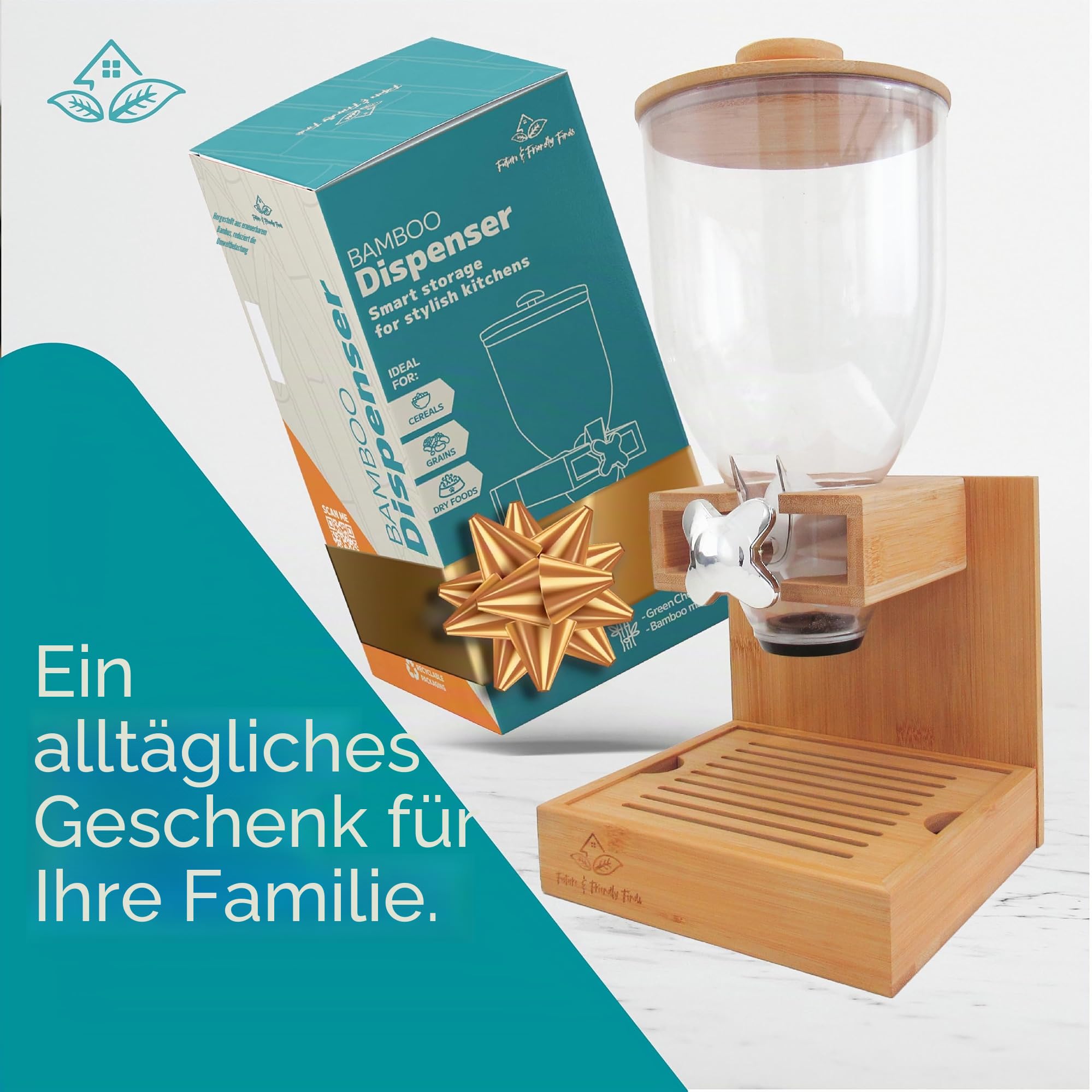 Future & Friendly Finds Bambusspender, 2 l, Müsli-Spender, Aufbewahrungsbehälter, Snack-Bar-Station, Trockenfutterspender, Müsli-Spender, Arbeitsplatte, Hausutensilien