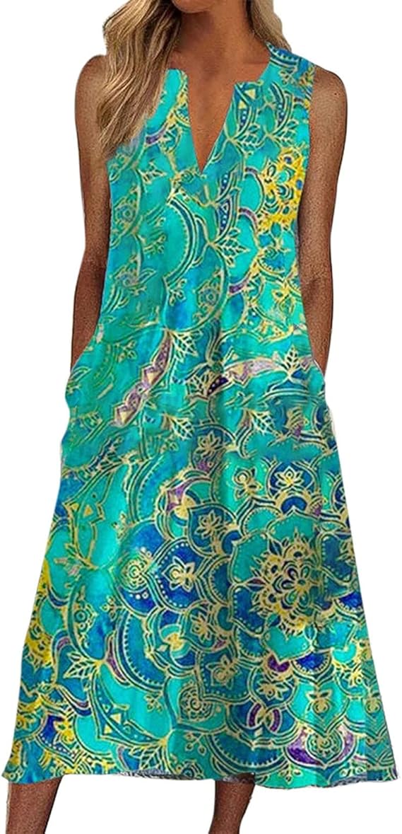 Amazon Co Jp レディースワンピース カジュアルワンピース ノースリーブワンピース 花柄スカート ゆったり ノースリーブ ロング ワンピース エスニック 春 夏 秋 レディース ファッション