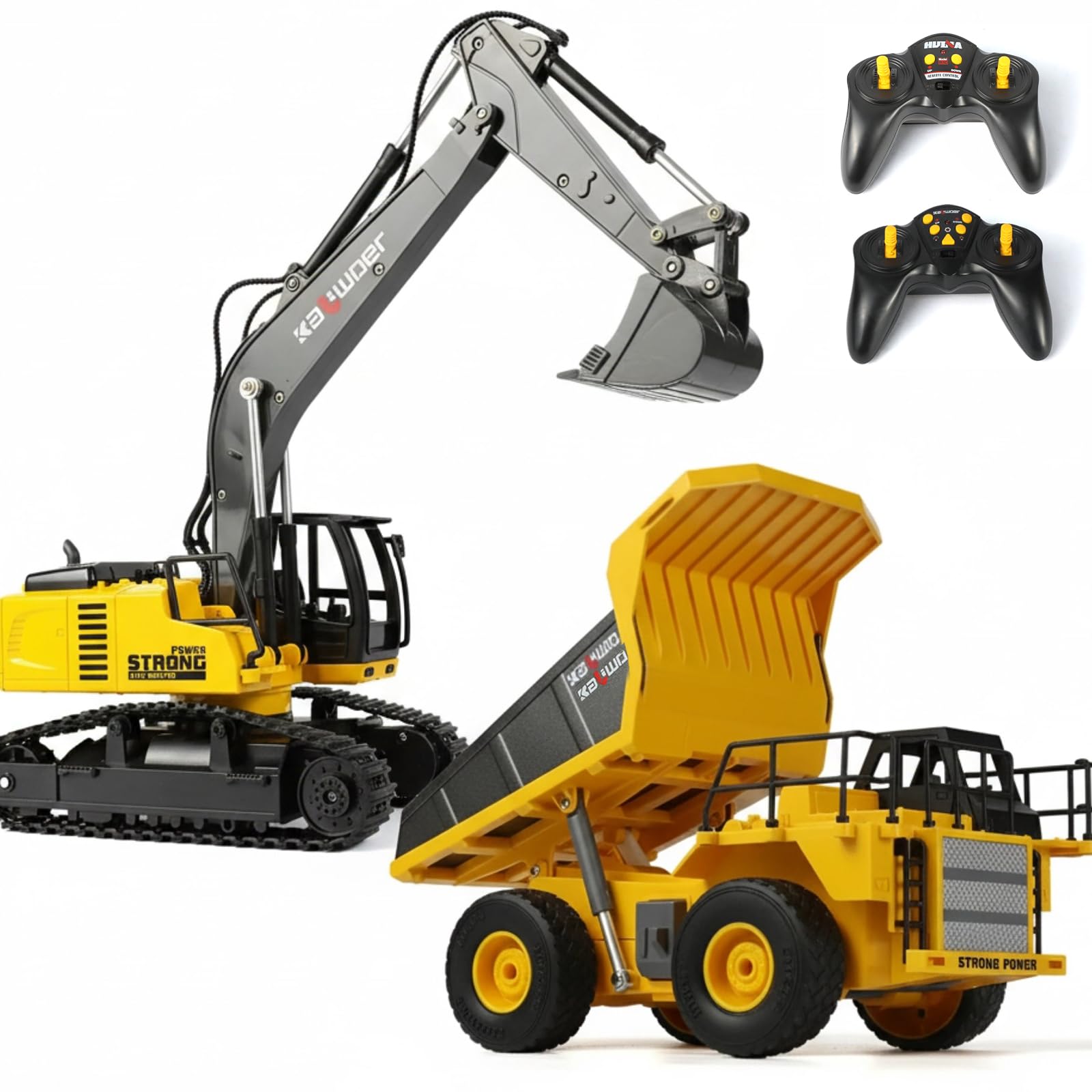 Ferngesteuerter Bagger und RC LKW Spielzeug Set, Ferngesteuertes Baufahrzeug für Kinder, Muldenkipper mit RC Kipplaster/Bagger mit Licht und Sound ab 4–12 Jahren Jungen, Geburtsta Gsgeschenk