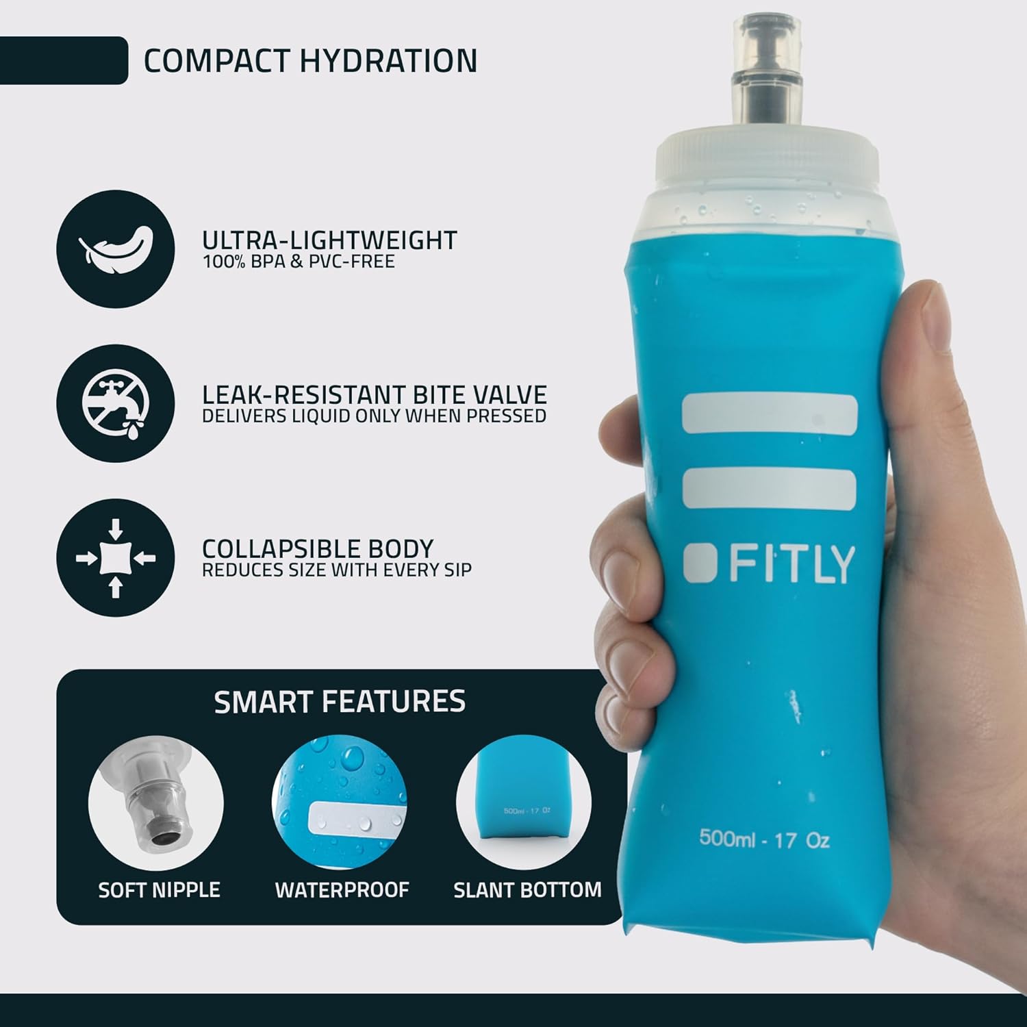 FITLY Soft Flask - Shrink As You Drink Soft Water Bottle for Hydration Pack - Folding Water Bottle Ideal for Running, Hiking, Cycling, Climbing & Rigorous Activity - Image 4