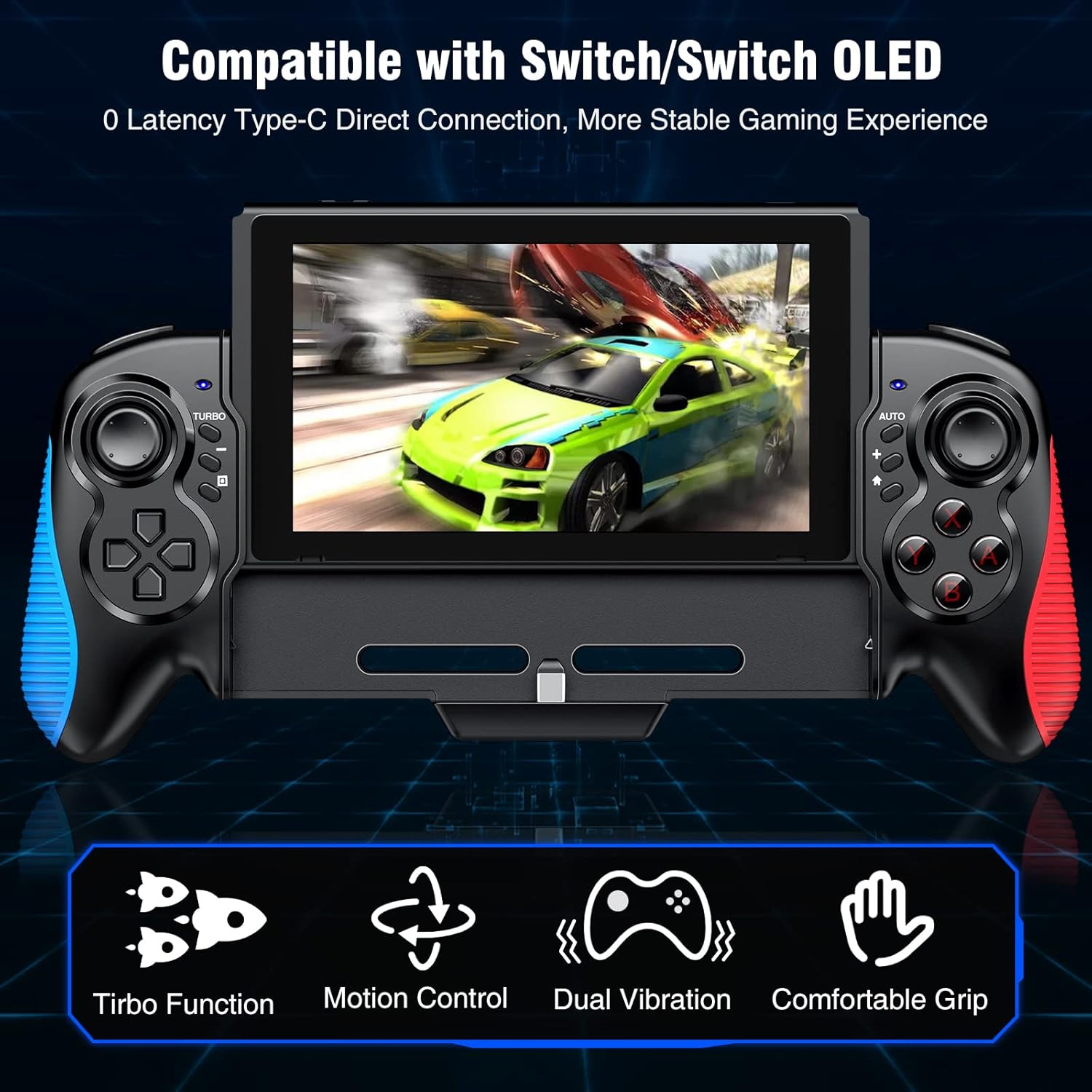 Switch Controller for Switch/Switch OLED, Rechargeable Plug-in Switch Controller, One Piece Ergonomic Grip Switch Controller for Handheld Mode with Turbo,Dual Vibration,6-Axis Motion Control,Red-Blue - imagen 5