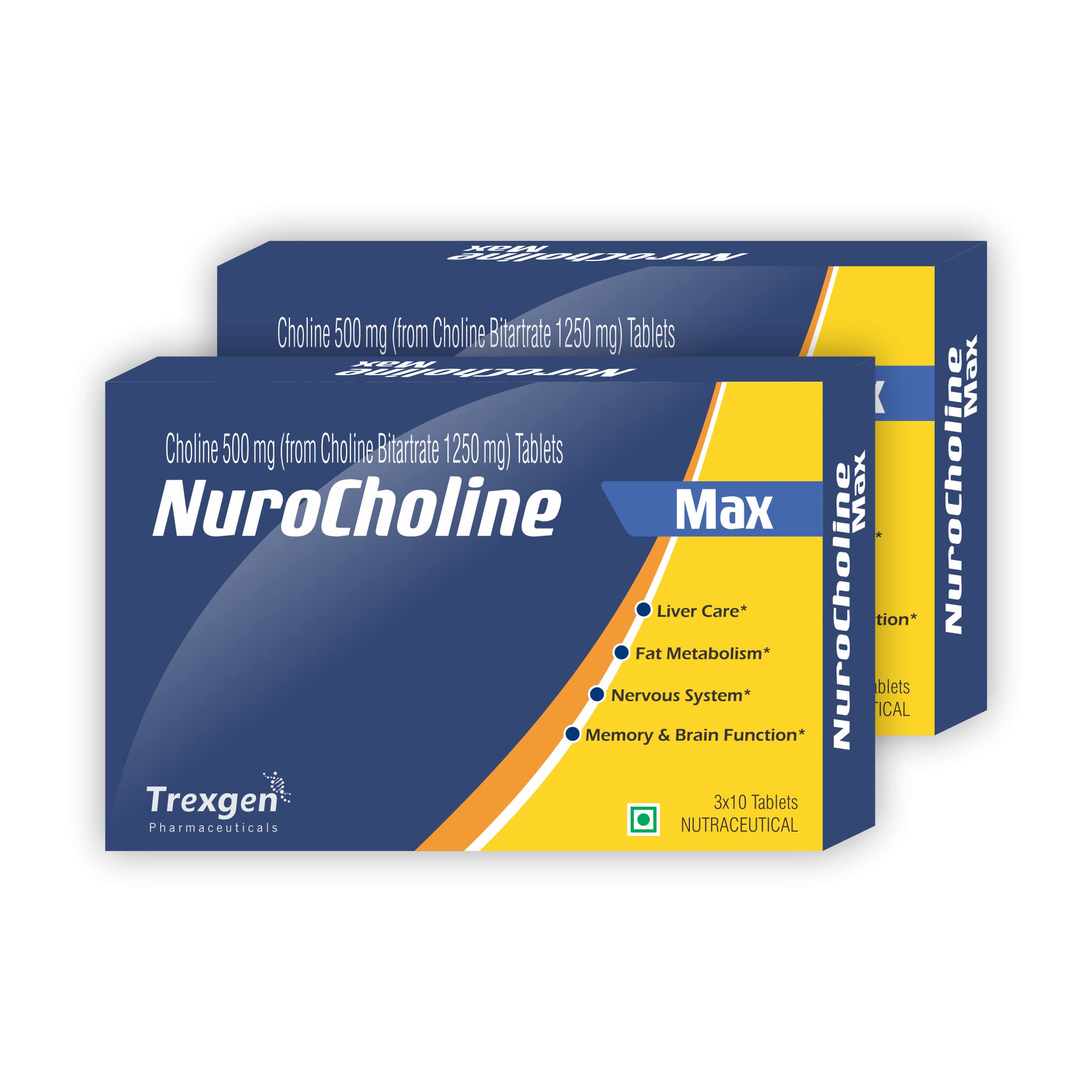 Trexgen NUROCHOLINE MAX Choline 500 (from Choline Bitartrate 1250 mg) Fat Metabolism, Liver Care, Cognitive & Nervous System Health (30 Tablets) (Pack of 2)