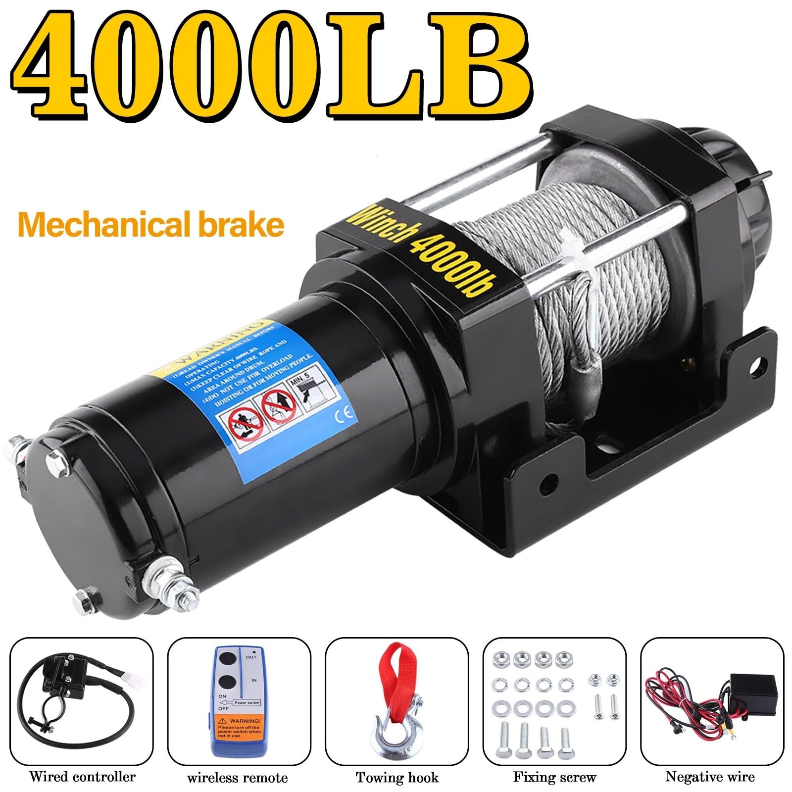 Argani elettrici Kit verricello elettrico da recupero 4000 libbre ATV Camion rimorchio Auto DC 12V Controllo 15 metri Cavo in ACCIAIO AD ALTA RESISTENZA Gru e paranchi a trazione