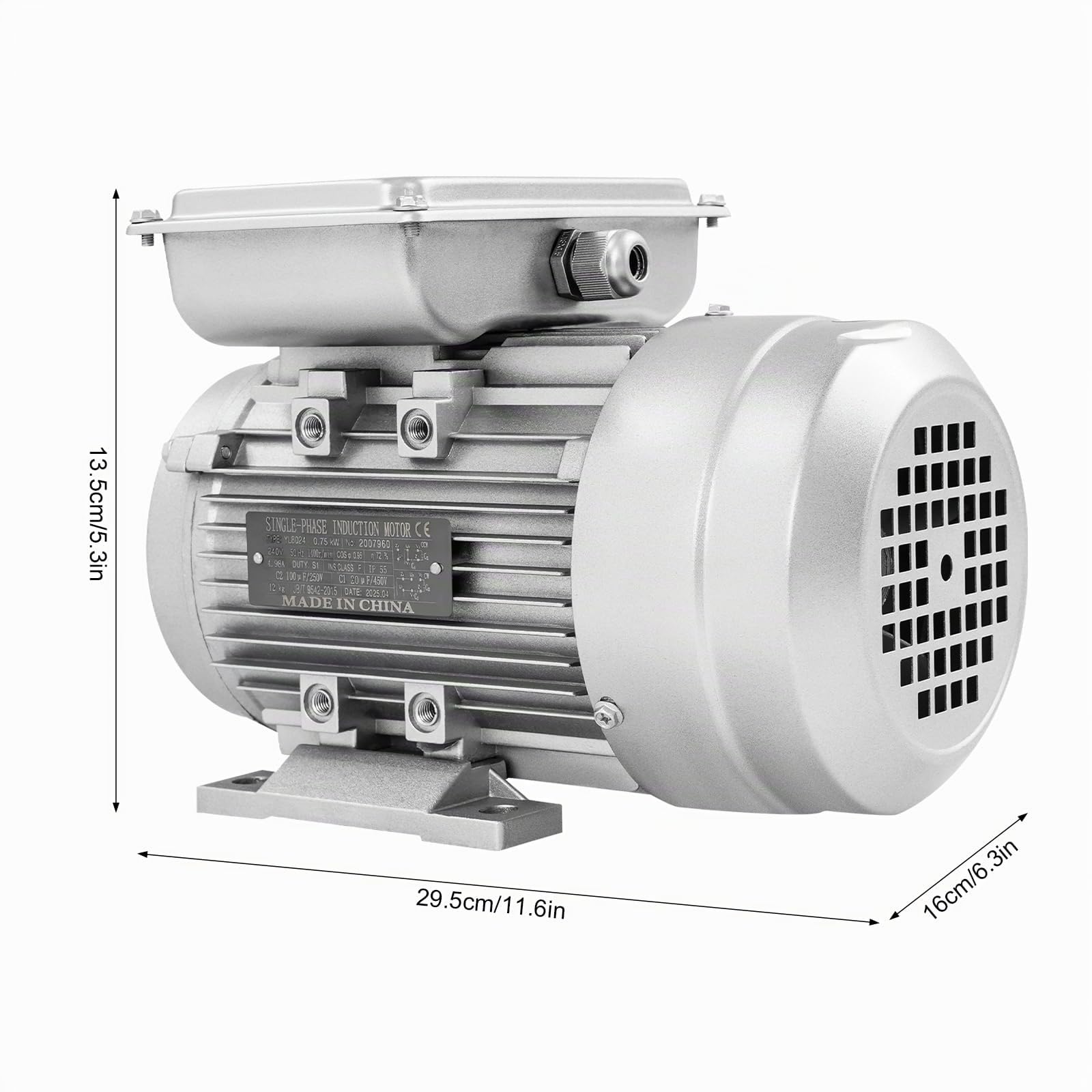Moteur électrique 750 W 1HP – Moteur à engrenages monophasé, 1380 tr/min, arbre de 19 mm, classe de protection IP55, moteur pour bétonnières, ventilateurs, pompes et outils 240 V