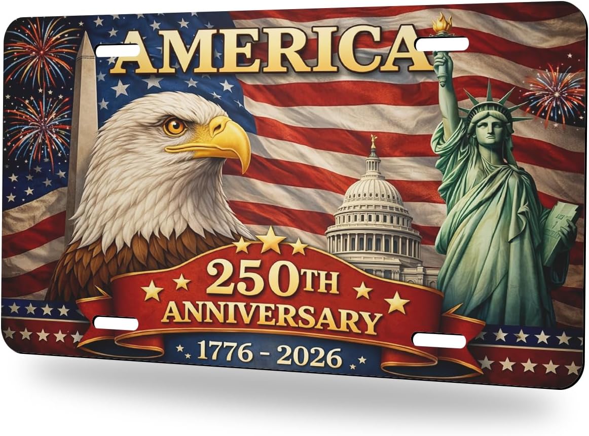 Eagle Liberty Flag Front License Plate America 250 Anniversary Patriotic Freedom Car Decorative License Plates Aluminum Metal Accessory Novelty Vanity Tag Cover with 4 Holes for Men Women 6" X 12"