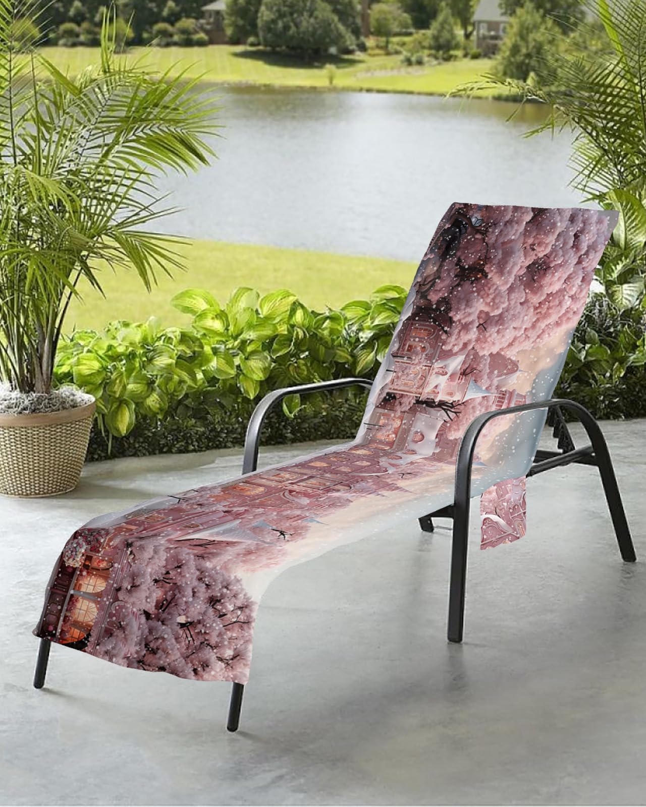 Christmas Beach Chair Towel Covers for Chaise Lounge With Side Pocket, Soft Plush Pool Towels Cover for Patio Sunbathing Outdoor 29''x85'' Romantic Forest Pink Snowman House