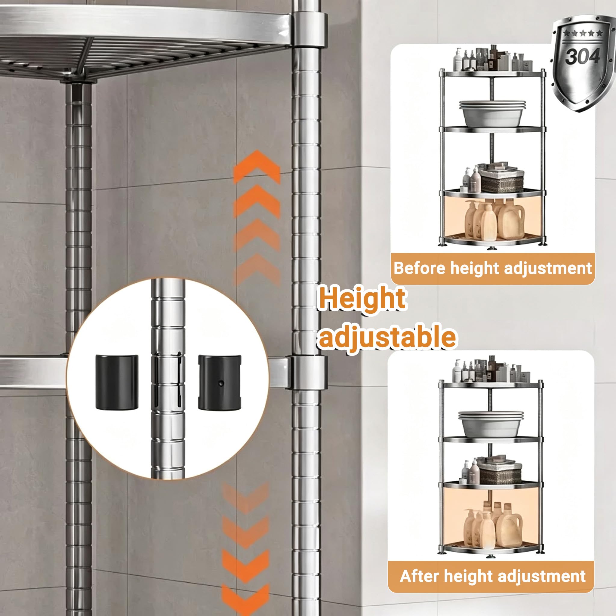Mensola Doccia Angolare In Acciaio Inox, Porta Shampoo Doccia Senza Forare | Portaoggetti Doccia Da Terra Con Piedini Regolabili, Triangolo Organizer Bagno, Per Shampoo, Bagnoschiuma, Contenere Sapone