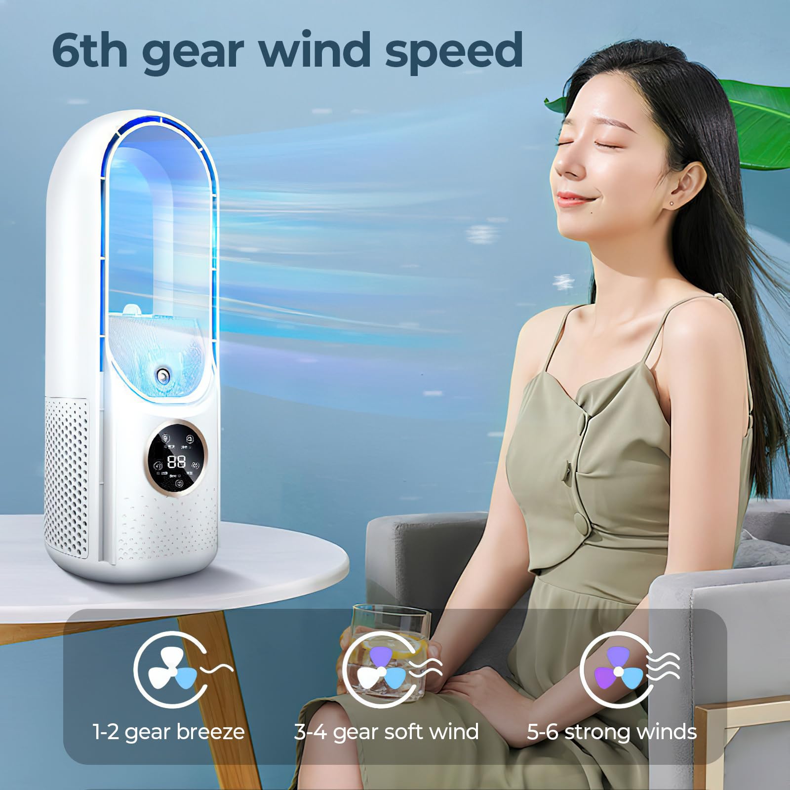 Ventilator ohne Flügel, leiser Ventilator ohne Flügel, Timer 6 Stunden, 6 Geschwindigkeitsstufen, Befeuchtung, Touch-Steuerung, ideal für Büro und Schlafzimmer (weiß)