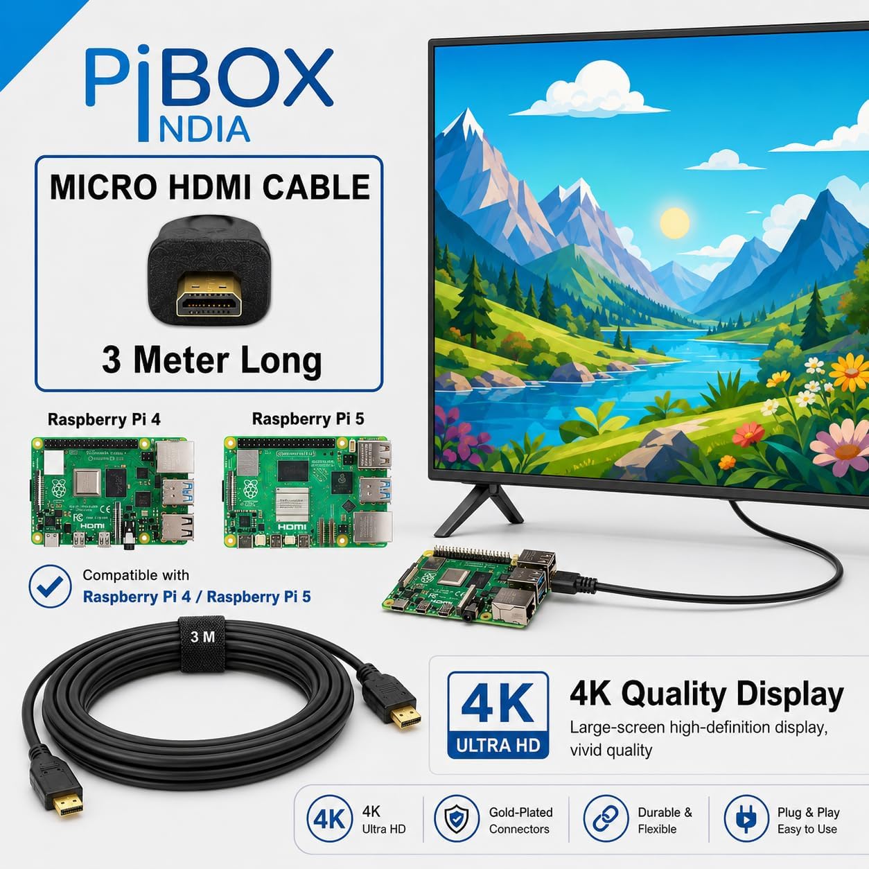 PiBOX India,Micro HDMI to HDMI Cable,4K 60Hz,1.5Mtr 5ft,Adapter Ethernet Audio Return Compatible for Raspberry Pi 4 RPI,Pi 400,GoPro Hero 7,Sony A6000 A6300 Camera,Nikon B500-NOT MINI DP/NOT MICRO USB — Amazon image 4