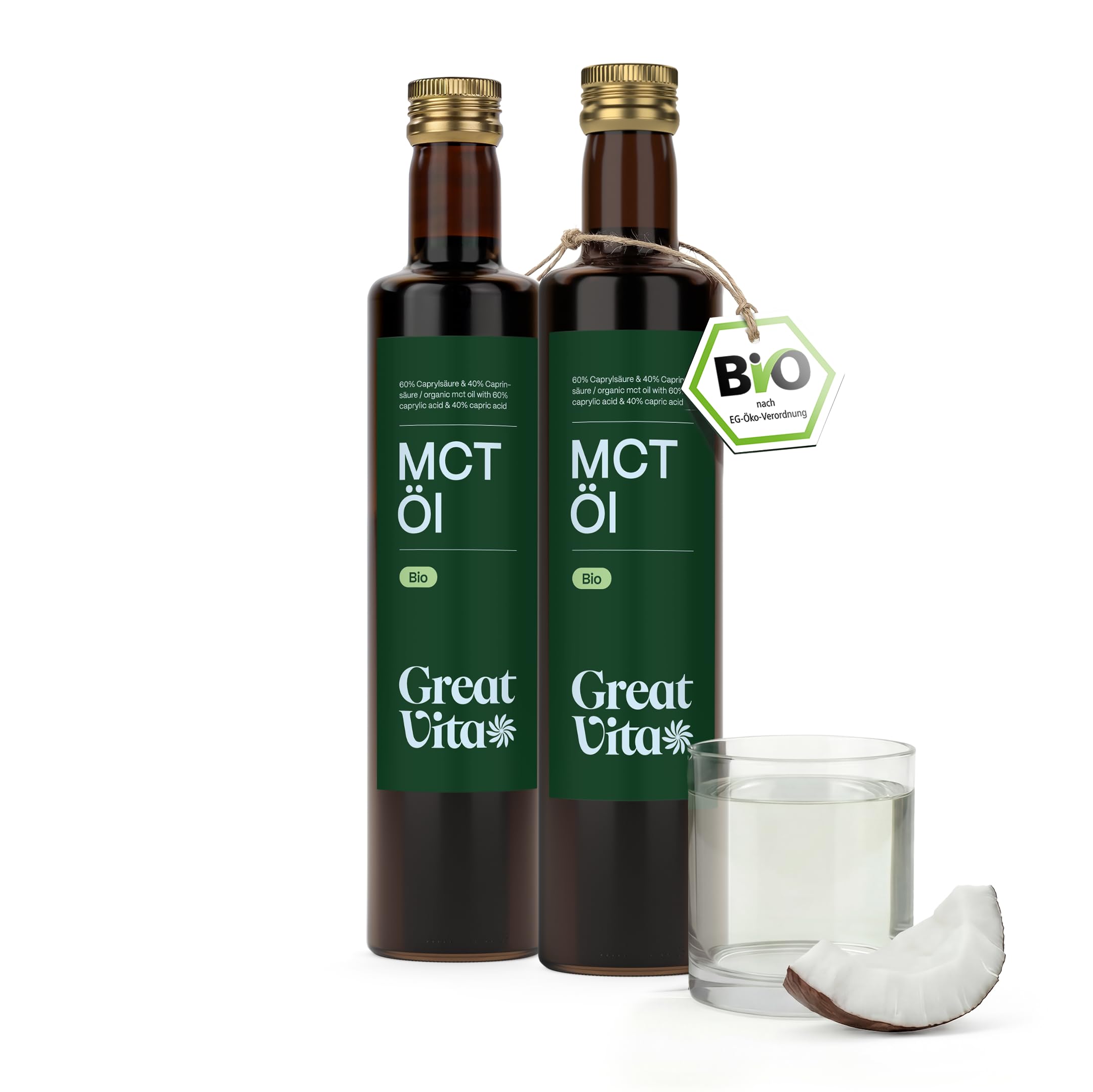 GreatVita Bio MCT Öl auf Kokosölbasis 2x 500 ml | 60% Caprylsäure (C8) & 40% Caprinsäure (C10) Fettsäuren | 100% reines MCT Oil geschmacksneutral - Zuckerfrei, GVO-frei