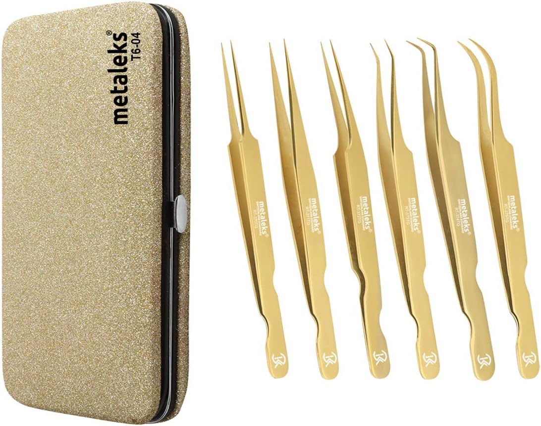 6PCS Eyelash Extension Tweezers In Magnetic Kit (Golden Titanium Coated)