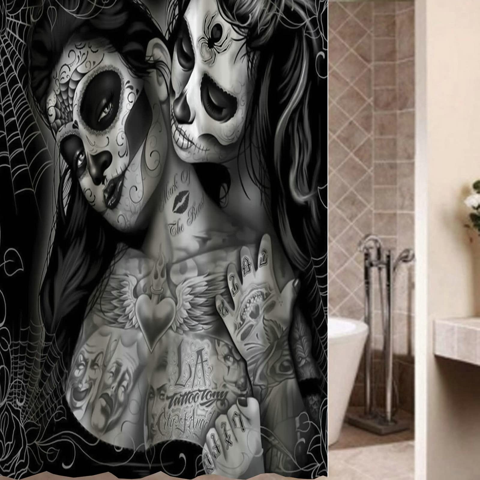 KnSam Shower Curtain Anti-Mold Waterproof Curtains to Bath Bath Curtain for Bathroom Gothic Skull Tattoo Women with 12 Shower Curtain Rings 90x180cm - Image 4