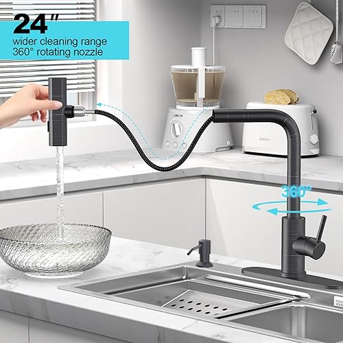 Miniatura 57 de Grifos de cocina de níquel cepillado con rociador desplegable y dispensador de jabón, un solo orificio y mango, grifo extraíble, grifo de fregadero