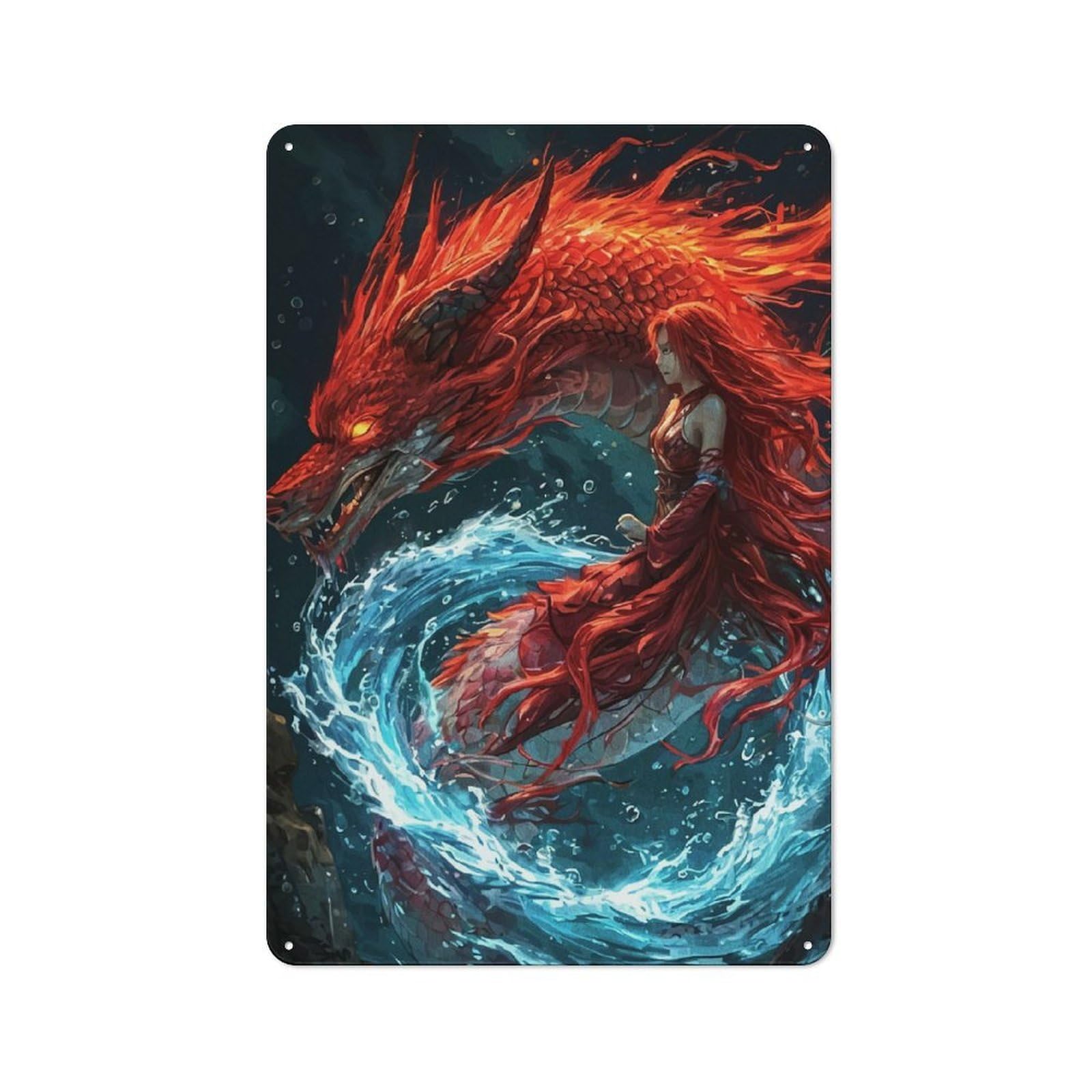 Junmoney Style-7 Red Dragon And Woman In Water Rustic Metal Sign 30X20cm For Garden Room Or Summerhouse, For Themed Interiors In Garden Rooms And Summerhouses