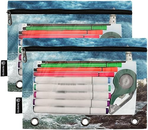 Miniatura 2 de Lighthouse - Estuche para lápices con 3 anillos, con cremallera y ventana de PVC transparente, 2 unidades, para la familia, oficina, escuela