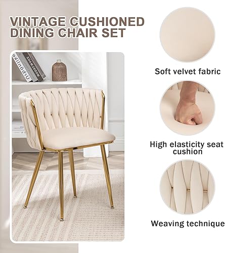 Miniatura 5 de Juego de 4 sillas de comedor de terciopelo, modernas sillas de comedor tejidas tapizadas con patas de metal dorado, sillas decorativas modernas para