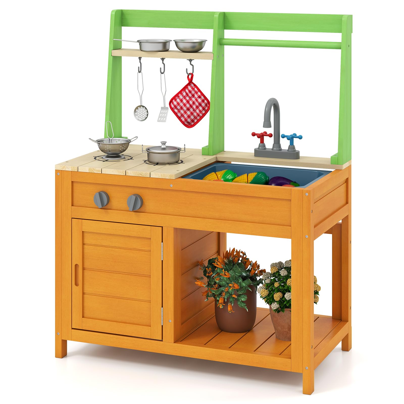 FANTASK Cucina di fango in legno per esterni, cucina giocattolo con accessori, cucina per bambini con fornelli realistici & rubinetto & lavello & forno, cucina da giardino per bambini dai 3 anni in su