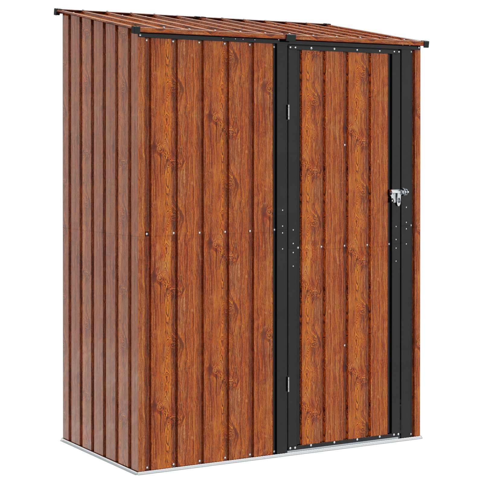 Domek ogrodowy, metalowy, brązowy, 153,5 x 86 x 200 cm, odporny na warunki atmosferyczne, zamykany, z drzwiami i regałem, do ogrodu, na taras, balkon, do przechowywania, schowek na narzędzia