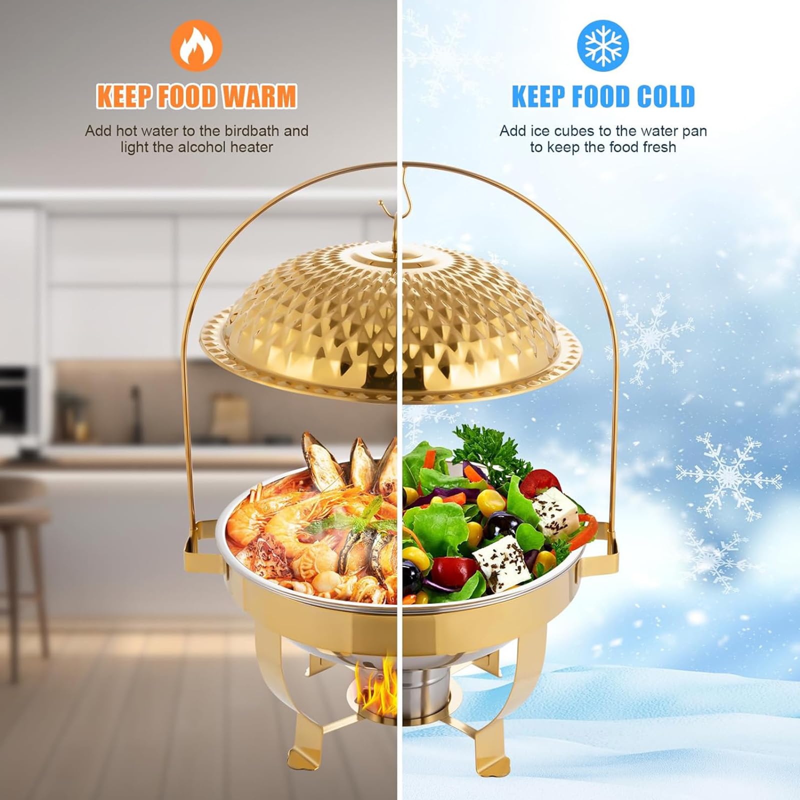 Scaldavivande rotondo in acciaio inox, con gancio, ideale per catering, buffet e feste