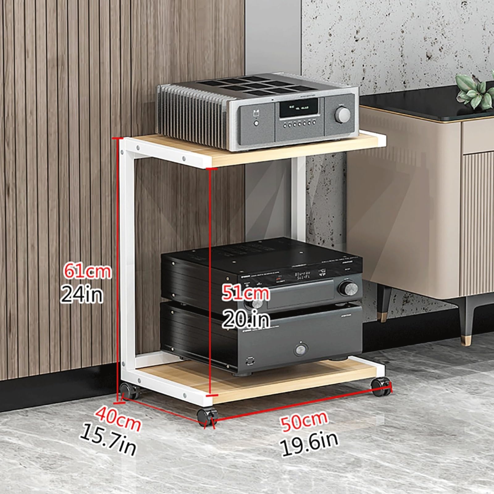 Stojak na multimedia AV, 2/3 poziomy z kółkami, drewniany stojak na gramofon, półki do gier, otwarte elementy stereo, wieża audio do gramofonu, biała, 61 cm