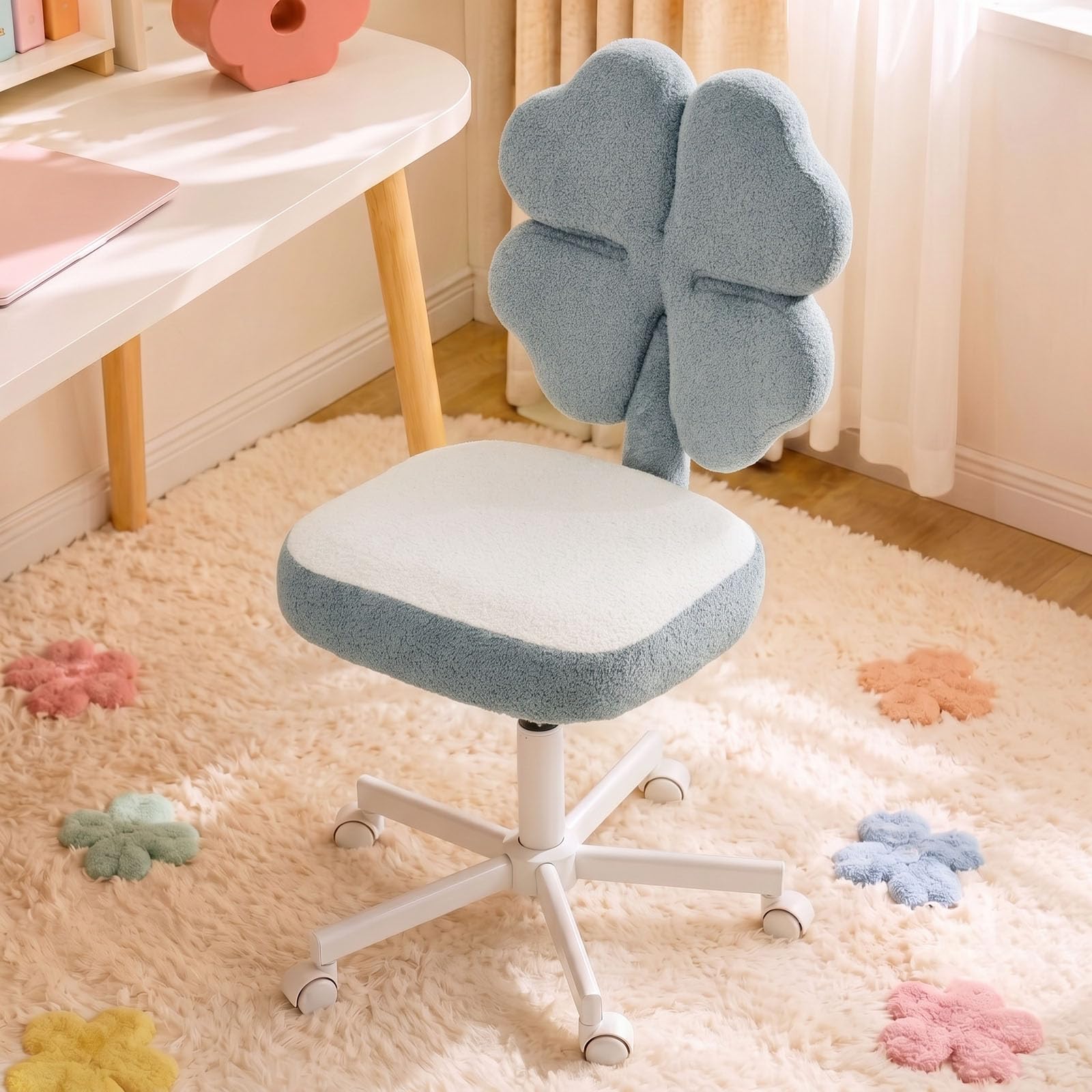 VINGLI 4-Leaf Clover Vanity Chair, Armless for Small Space, Light Blue