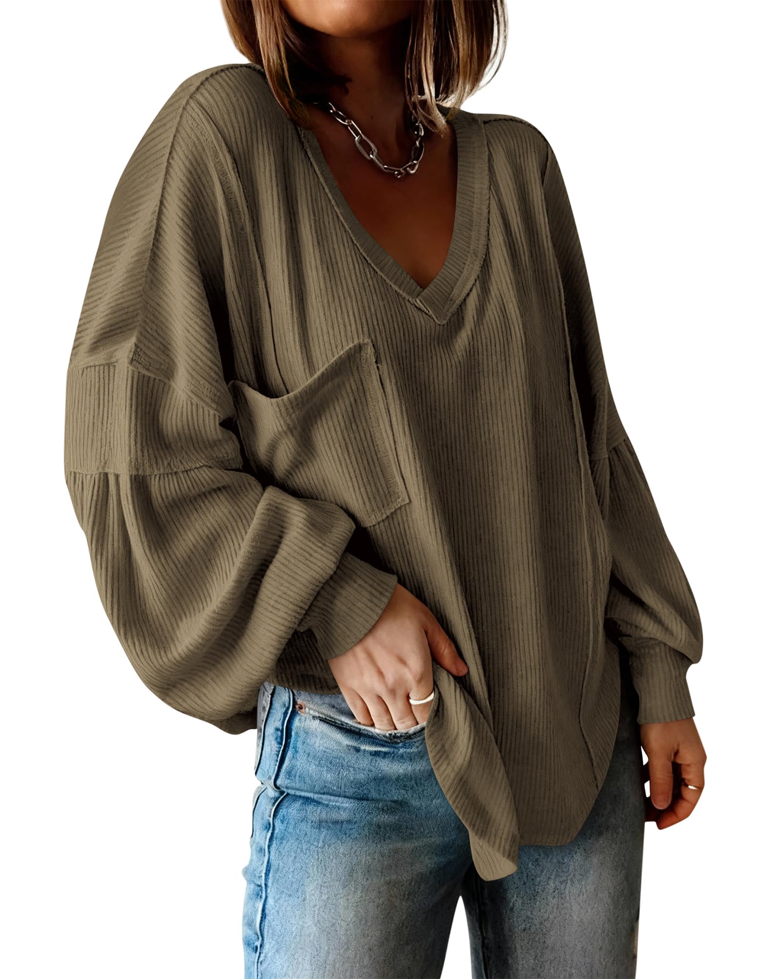 BTFBM Womens Fall Fashion 2026 Long Sleeve Shirts Casual V Neck Ribbed Knit Blouses Pullover Trendy Loose Fit Tunic Tops