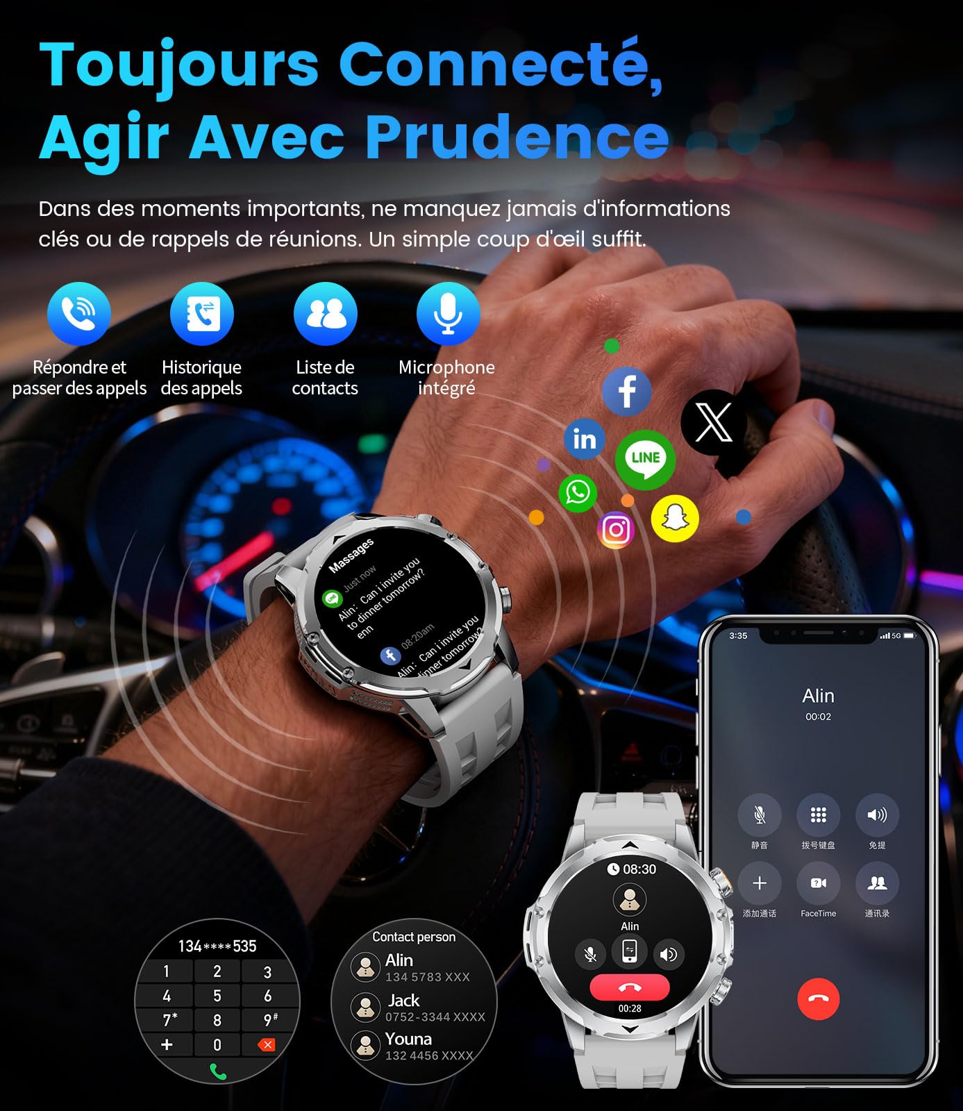 DREMAC Montre Connectée Homme avec 1,53 HD Écran/LED Lampe/1000mah Batterie,IP68 Étanche Smartwatch avec 100+ Modes Sportifs,24/7 Moniteur de Fréquence Cardiaque et Sommeil,pour Android iOS, Argent