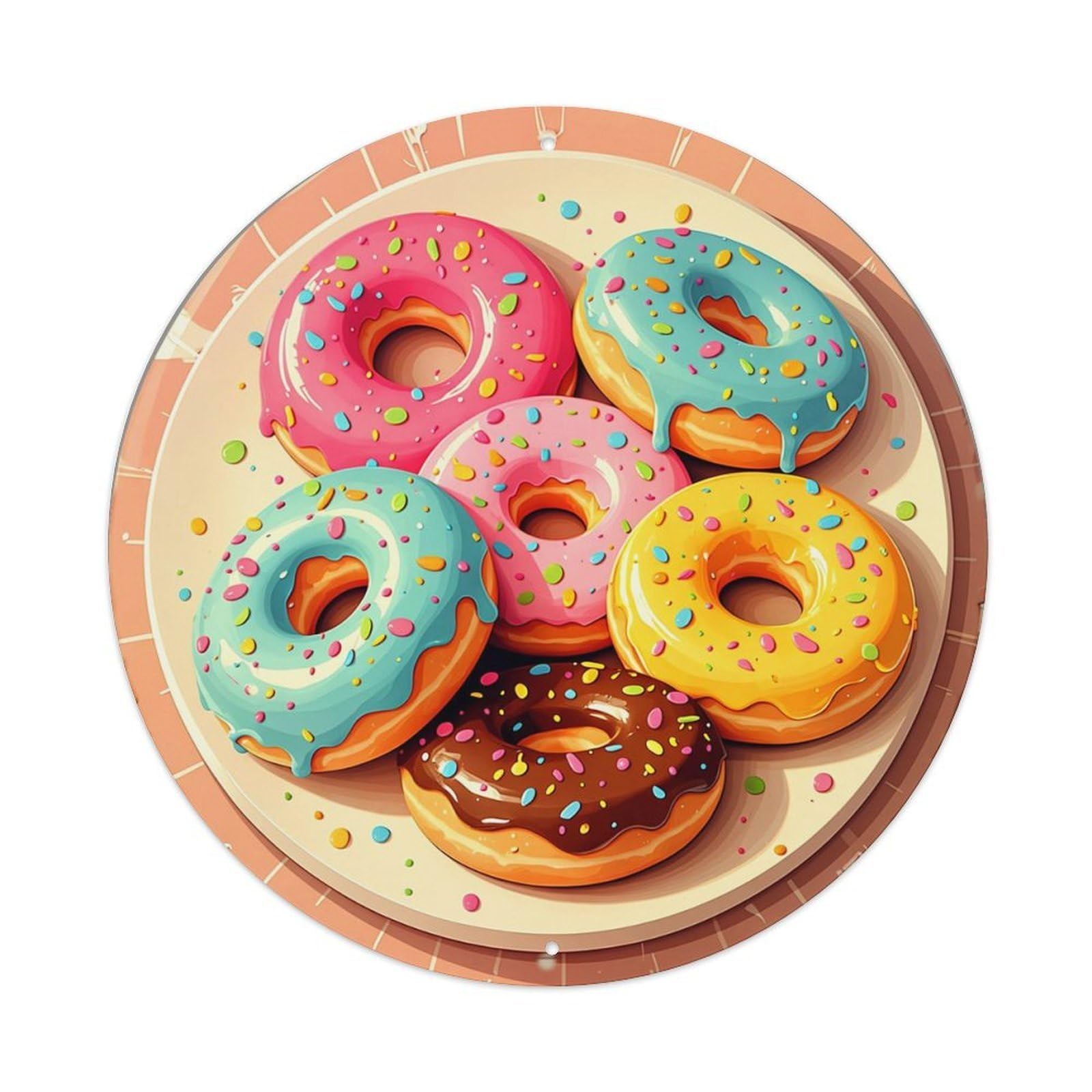 Jdyaojiesheng Vintage Colorful Donuts With Sprinkles On Plate Round Tin Sign Retro Metal Wall Decor Metal Poster, Home Bar Garage Farmhouse Cafe Wall Art Decoration 8X8inch
