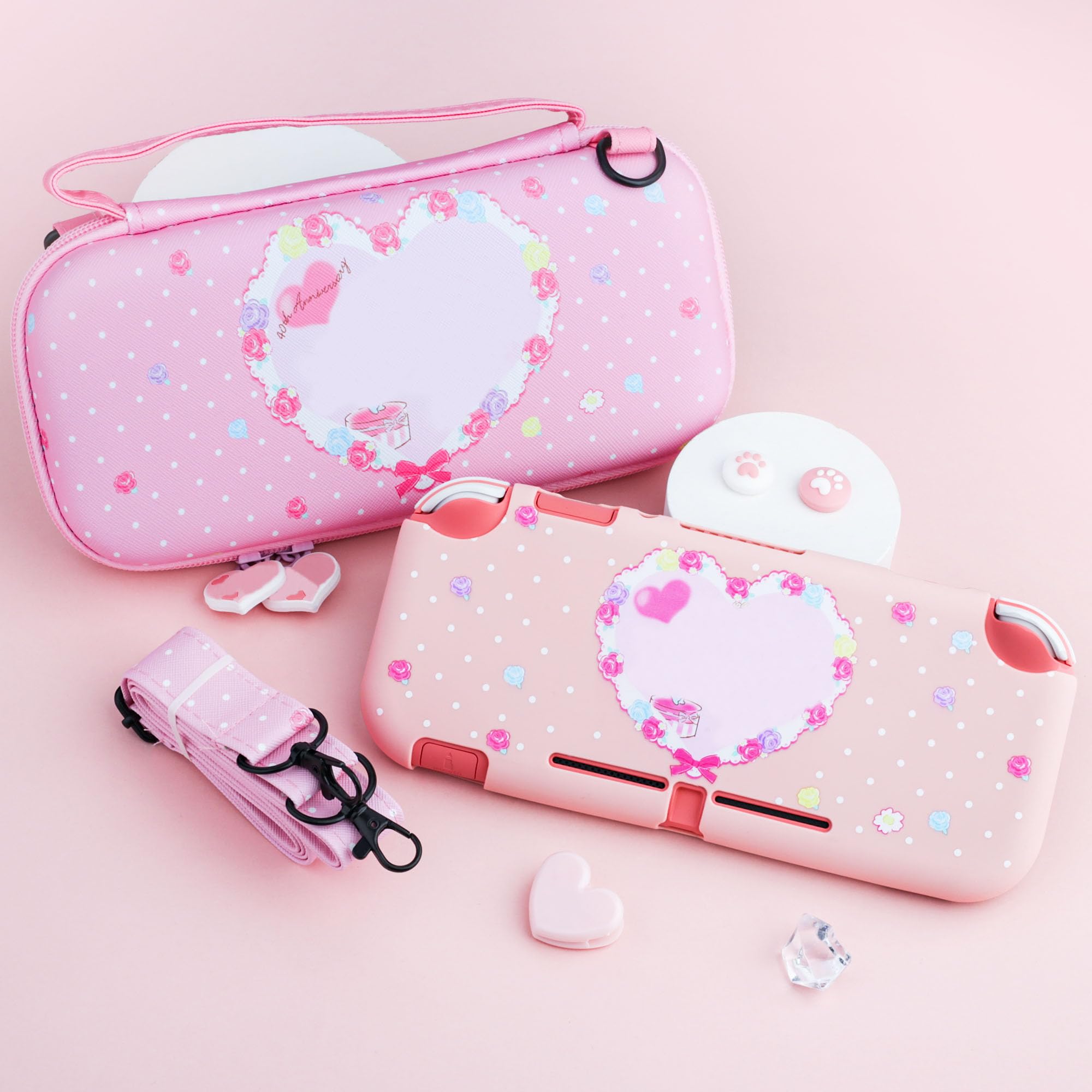 RHOTALL Étui de transport pour Nintendo Switch Lite, joli étui d'accessoires pour Switch Lite avec coque de protection en TPU,bandoulière, protecteur d'écran et 2 capuchons pour les pouces, lapin rose