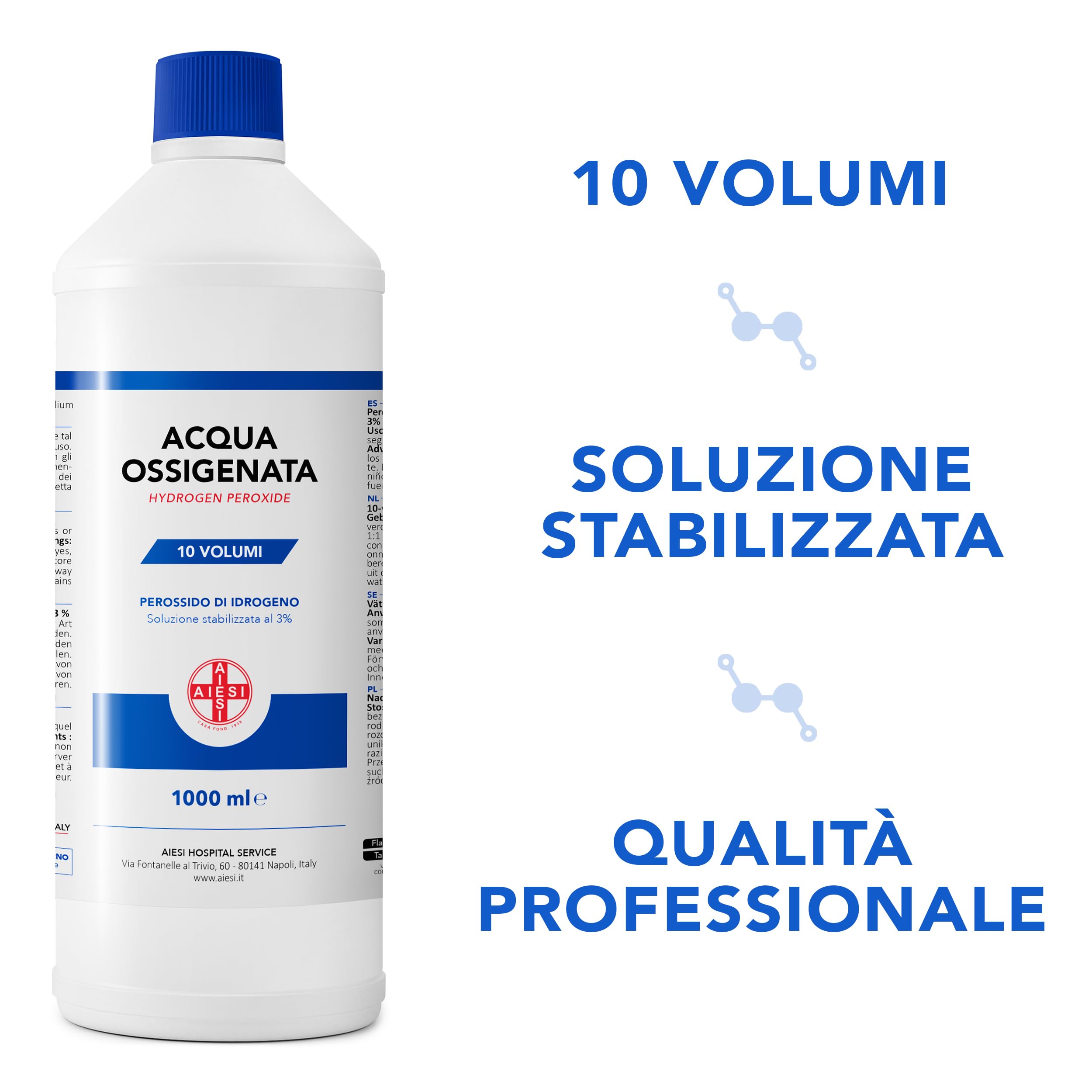 AIESI® Eau Oxygénée Ph.Eur. désinfectant (12x1000 ml) avec bouchon de sécurité pour enfants, Made in Italy