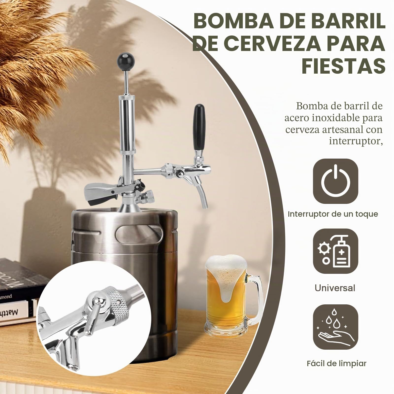 Bomba de cerveza de 4 pulgadas, grifo de cerveza de acero inoxidable, kit de grifo con bomba de aire y distribuidor, grifo de pistón para conexiones de barril, bomba de barril, perfecto para picnics y