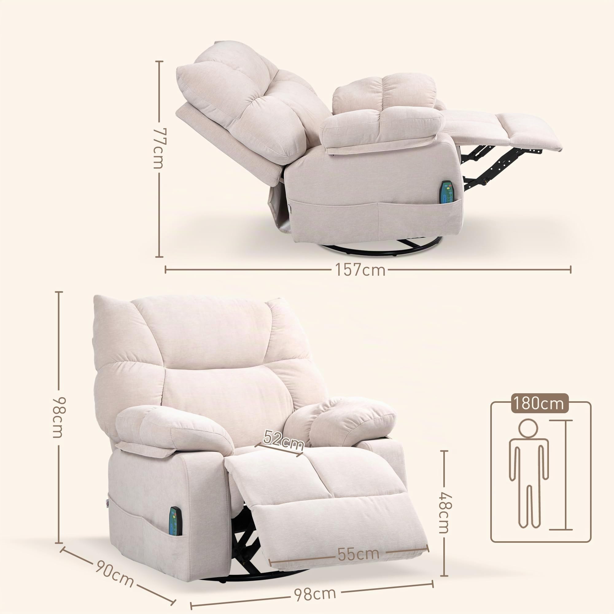 HOMCOM Relaxsessel mit Massagefunktion und 8 Vibrationspunkten, Beige | Fernsehsessel, Heizfunktion, Wippfunktion, Drehbarer Liegesessel, Fernbedienung, Seitentasche, Kunstleder