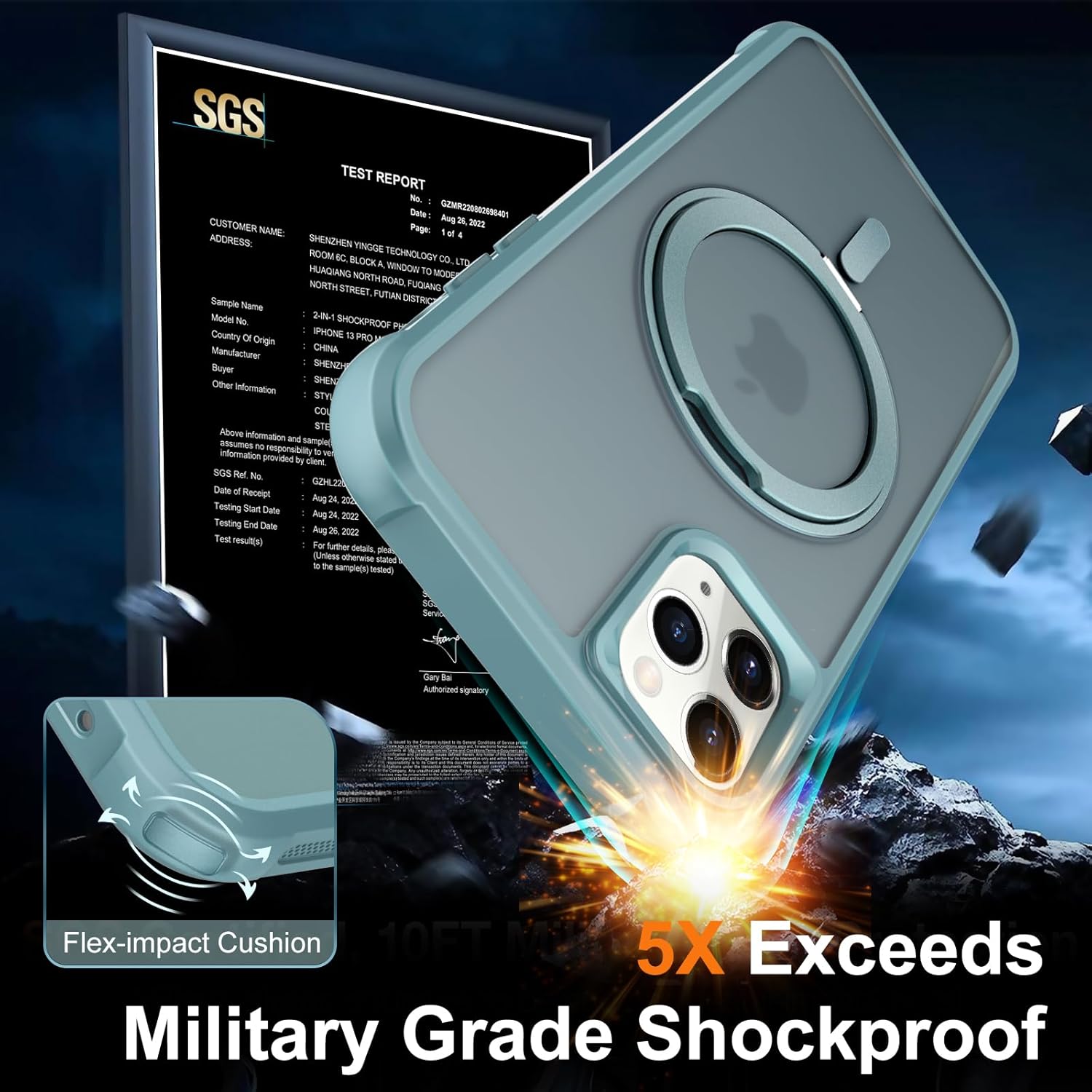 UMIONE 360° Rotatable Magnetic Ring Design for iPhone 13 Pro Max, Built-in Invisible Loop Stand, Compatible with Magsafe, Translucent Ultra Slim Military Grade Shockproof Case - Green - Image 4